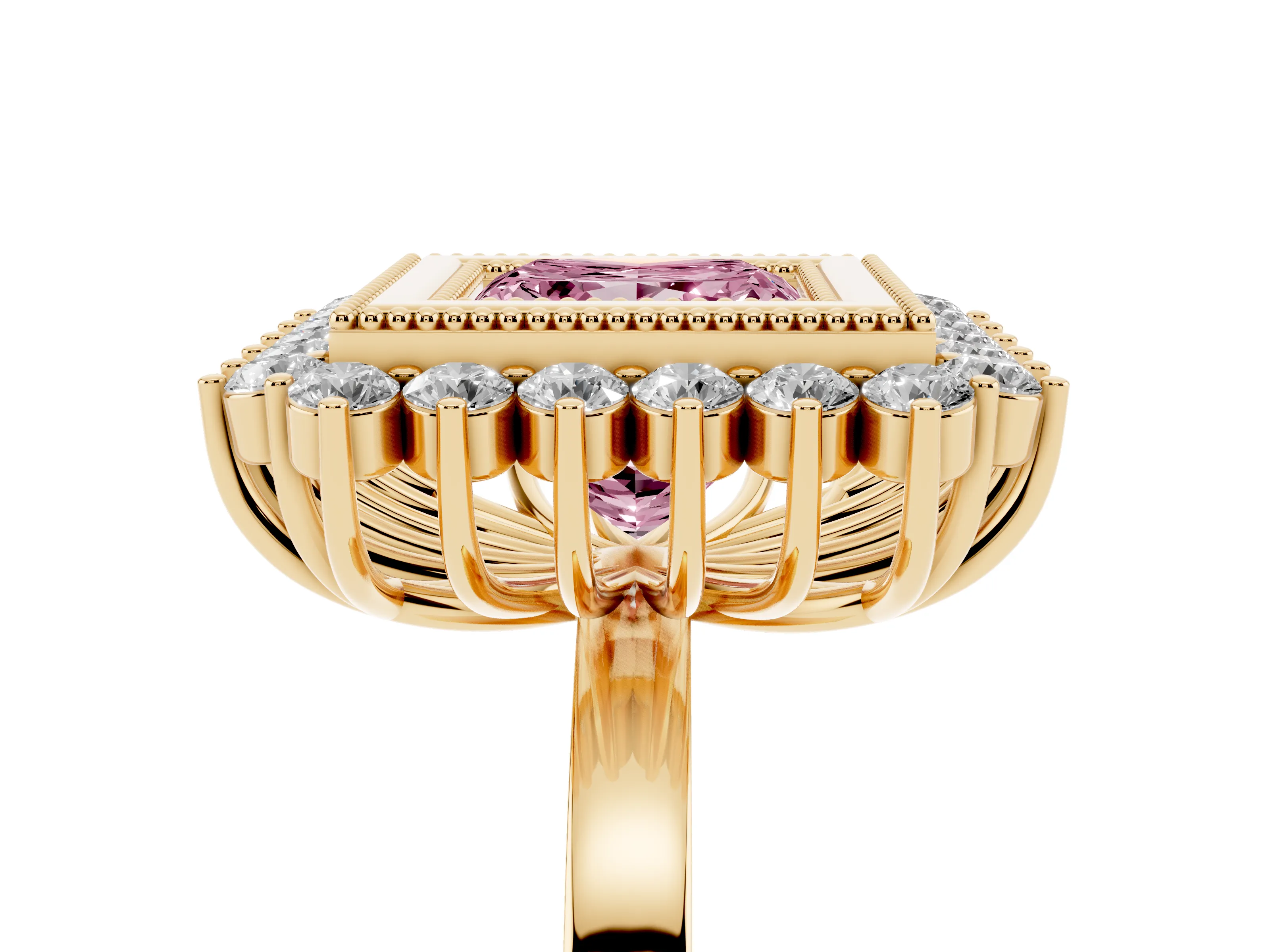 Fancy Pink Princess Cut Diamond Halo Ring Set in Yellow gold with Milgrain Edge and Round Prong Setting