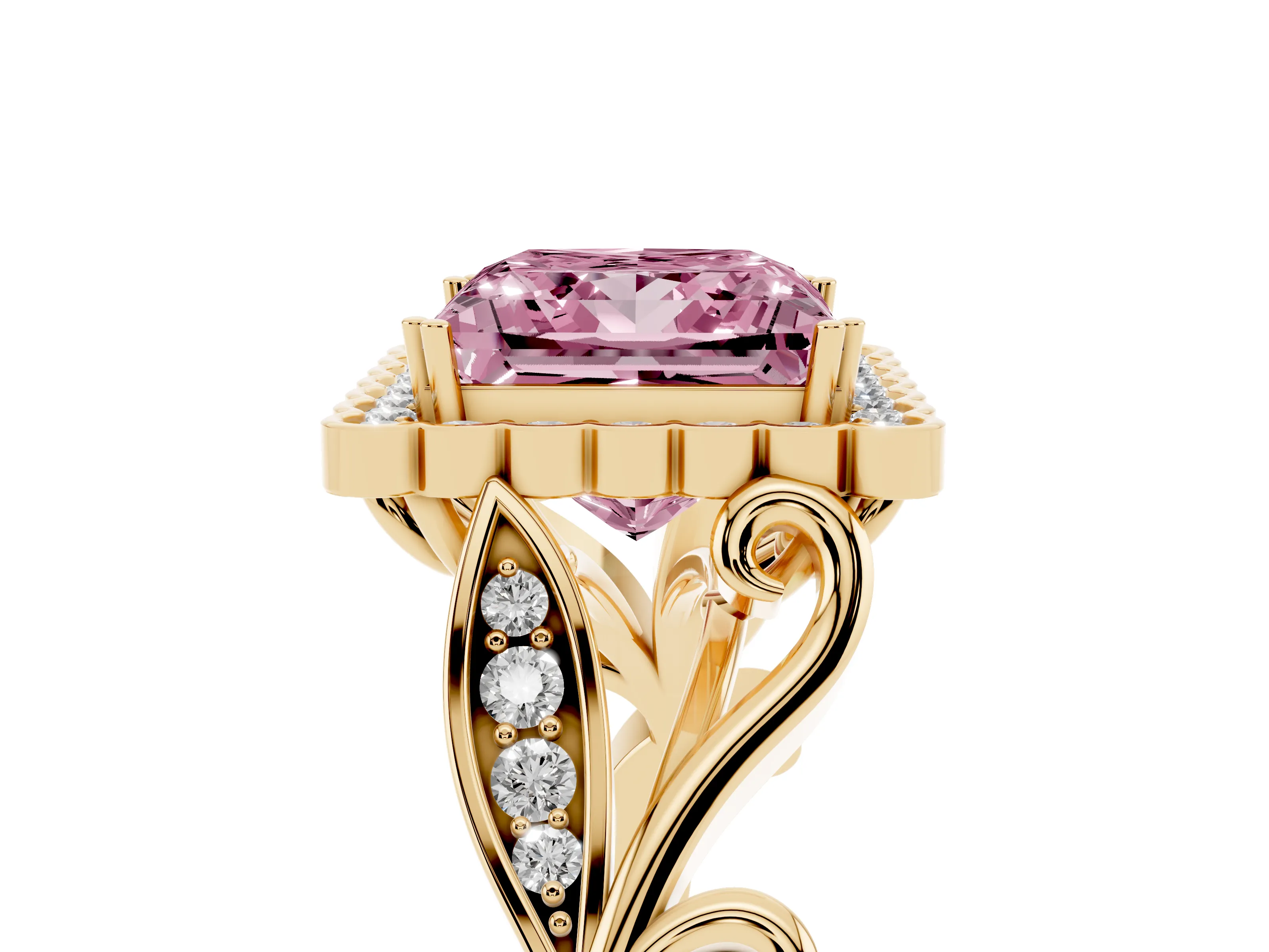 Fancy Pink Princess Cut Diamond Halo Ring Set in Yellow gold with Leaf Motif Split Shank and Prong Setting