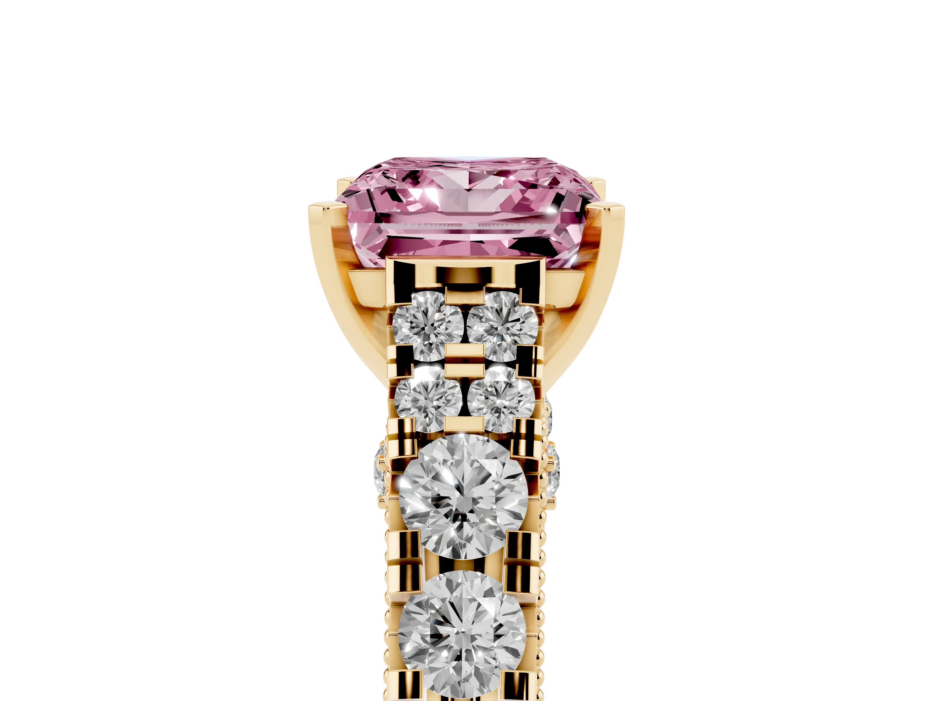 Fancy Pink Princess Cut Diamond Classic Solitaire Ring Set in Yellow gold with Pavé Band and Prong Setting