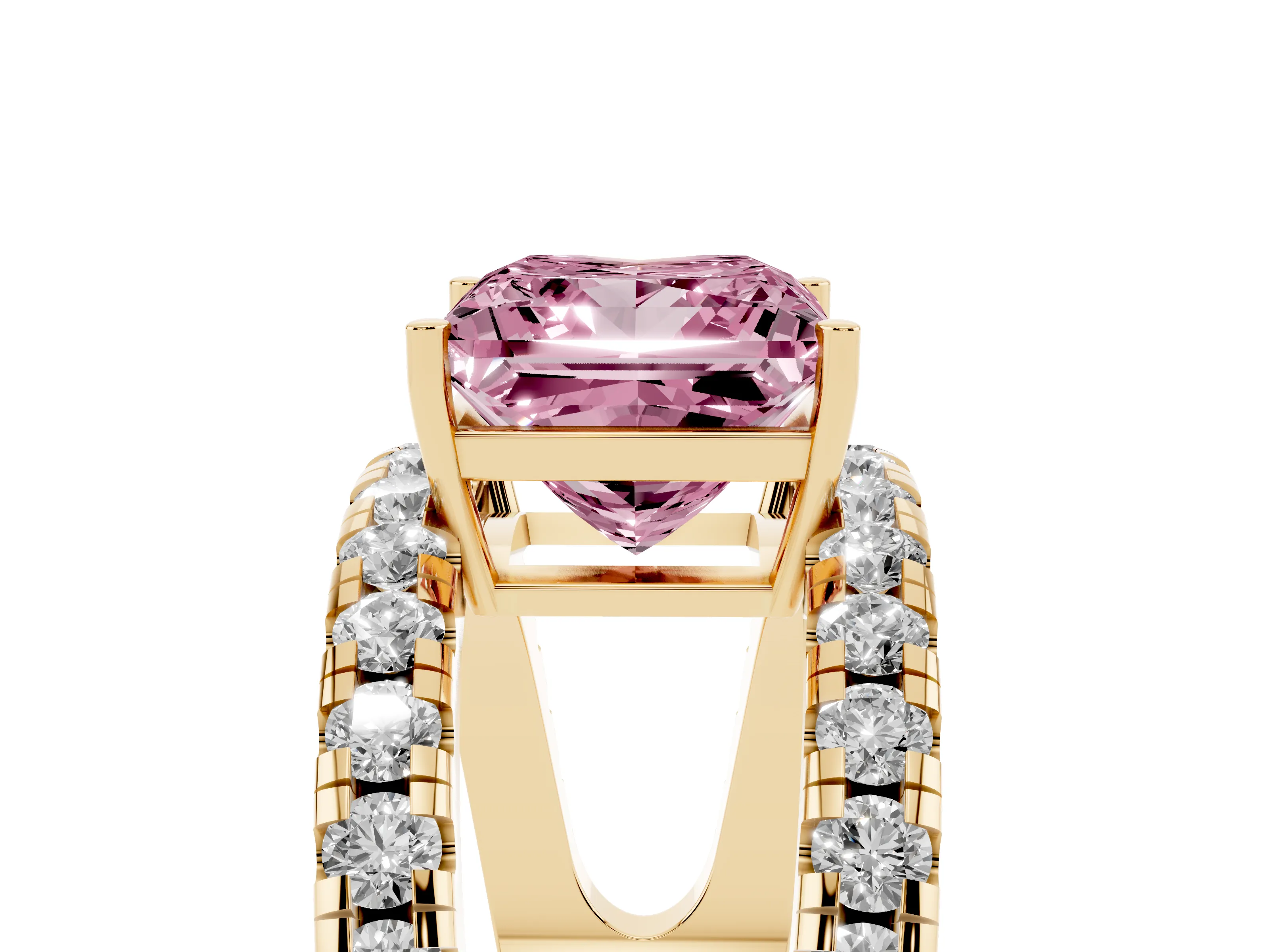 Fancy Pink Princess Cut Diamond Split Shank Pavé Solitaire Ring Set in Yellow gold with Open Shank Design