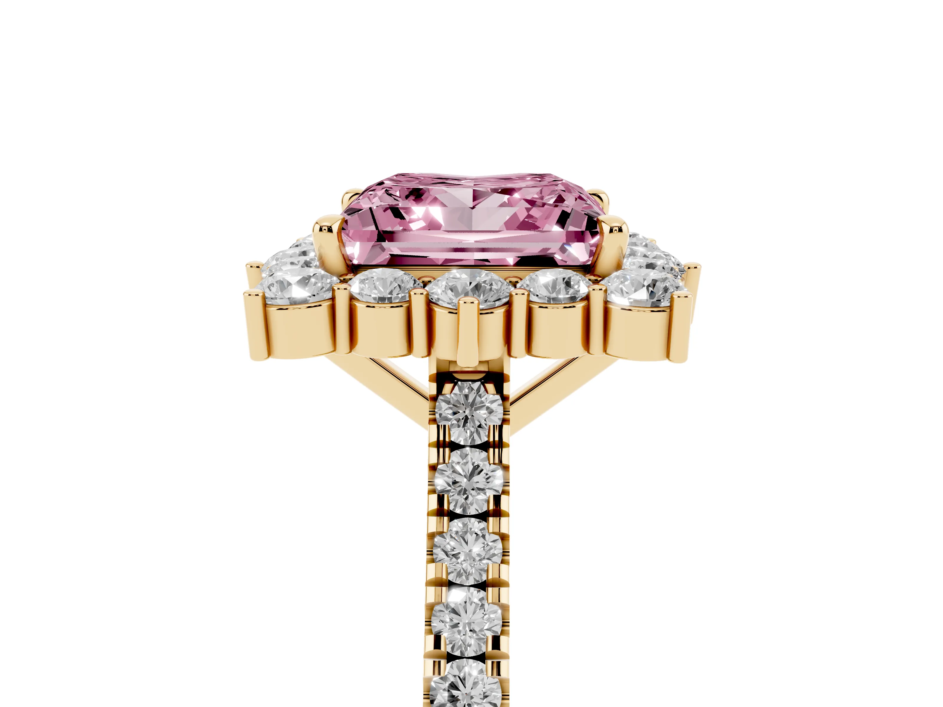 Fancy Pink Princess Cut Diamond Halo Ring Set in Yellow gold with Pavé Band and Prong Setting
