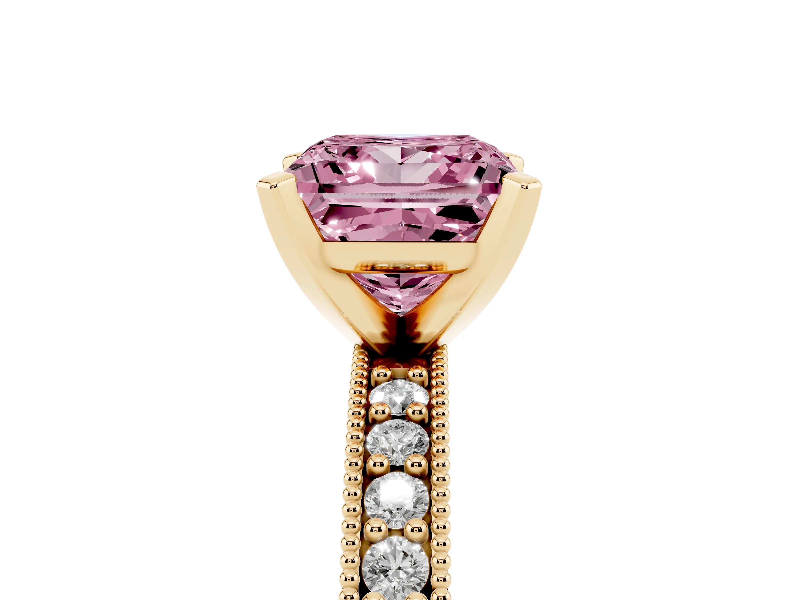 Fancy Pink Princess Cut Diamond Milgrain Pavé Engagement Ring Set in Yellow gold with Prong Setting