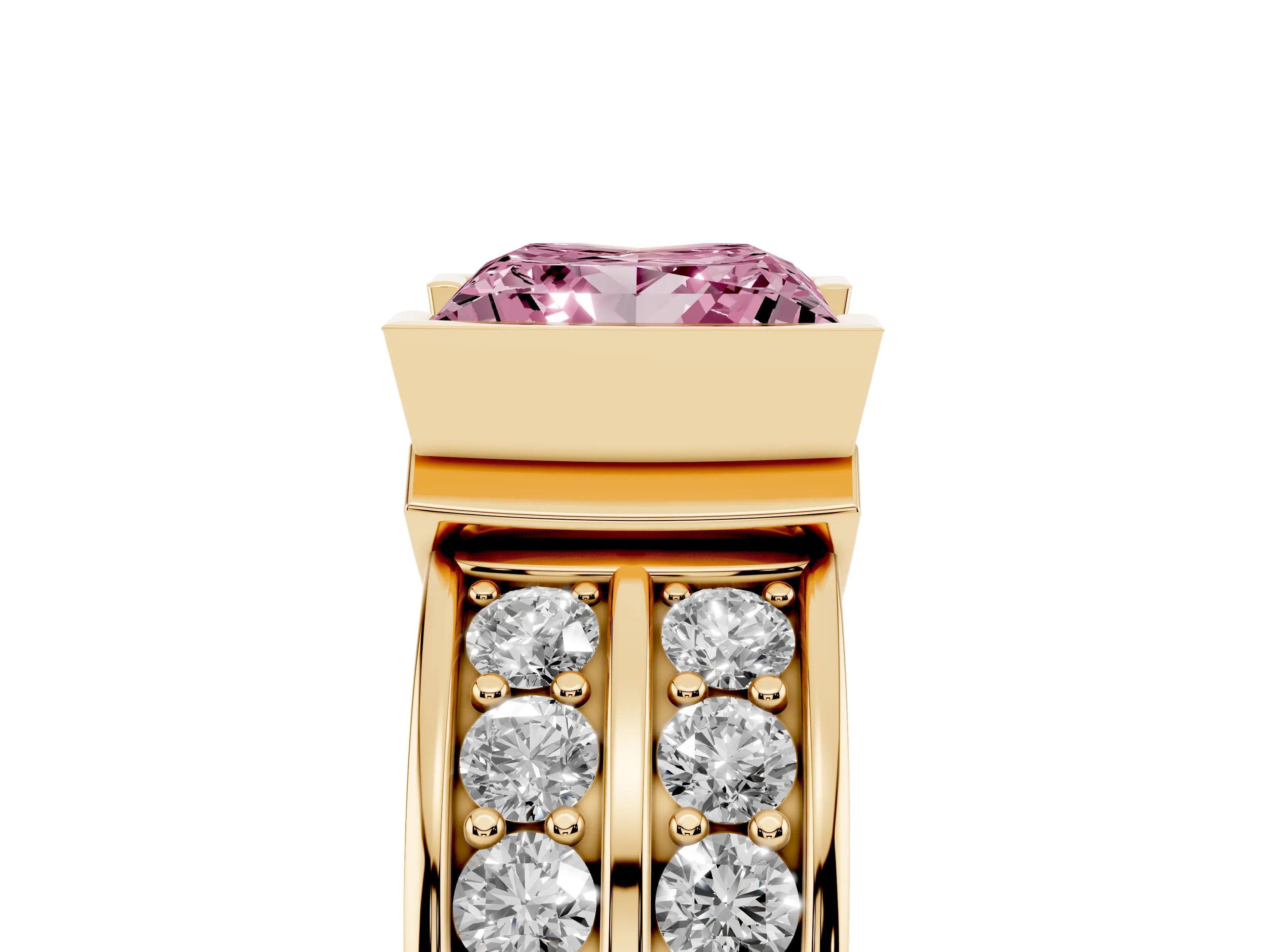 Fancy Pink Princess Cut Diamond Wide Channel Set Band Ring Set in Yellow gold with Bezel Setting