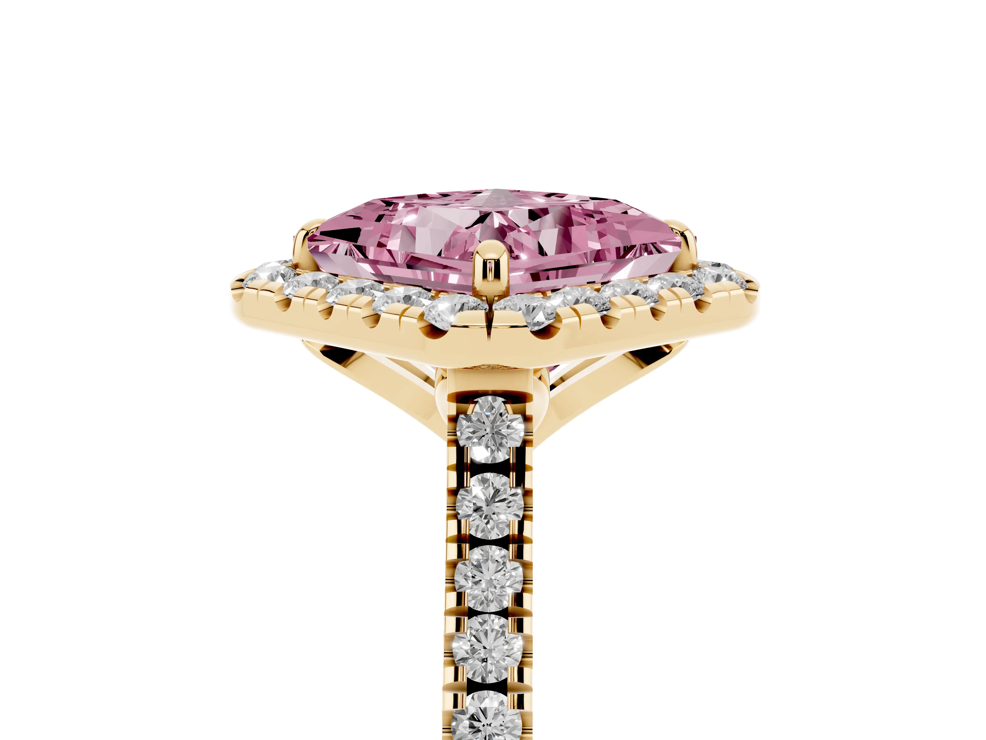 Fancy Pink Princess Cut Diamond Cushion Halo Ring Set in Yellow gold with Pavé Band