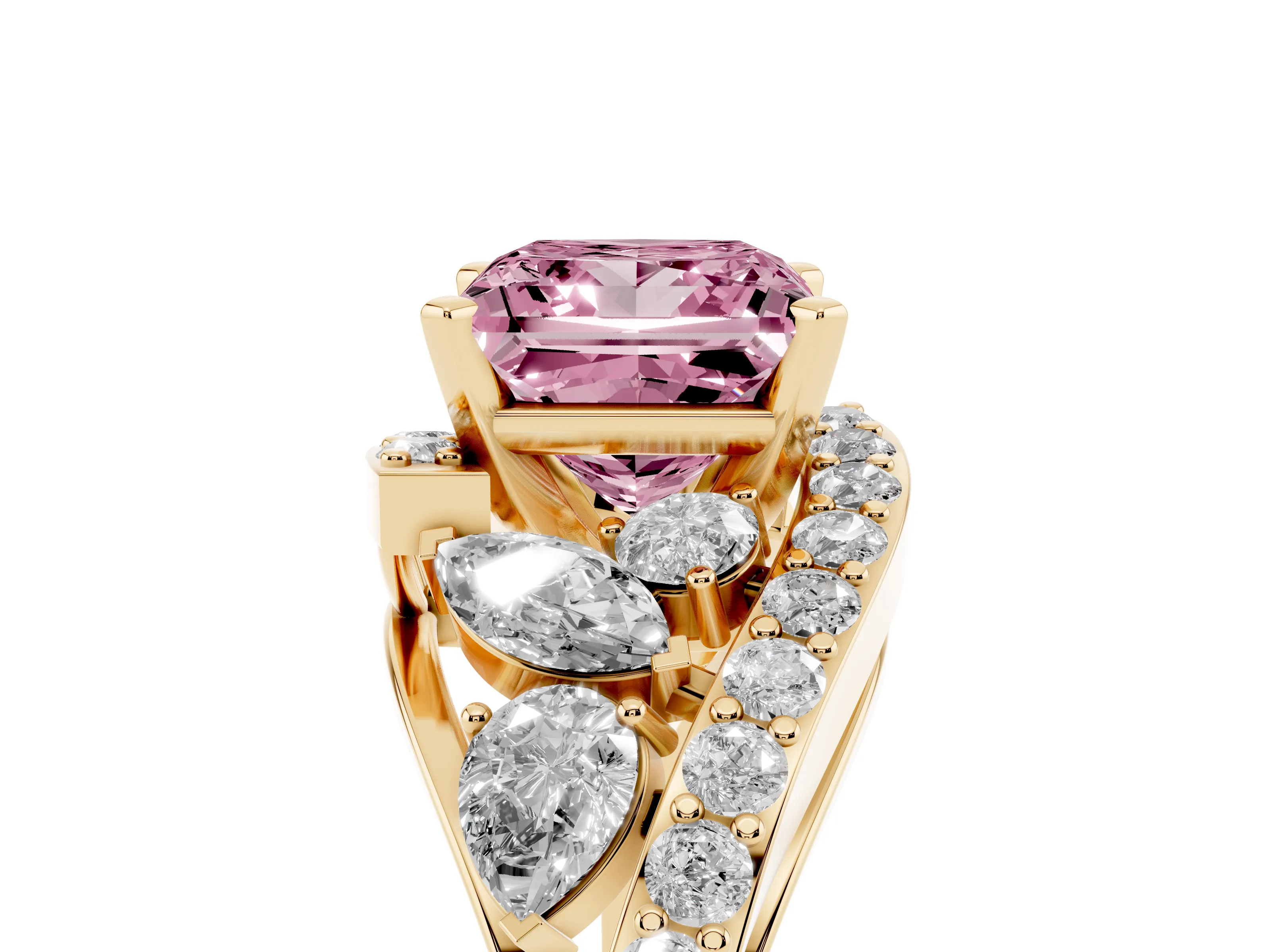 Fancy Pink Princess Cut Diamond Halo Ring Set in Yellow gold with Marquise and Pavé Band in Prong Setting