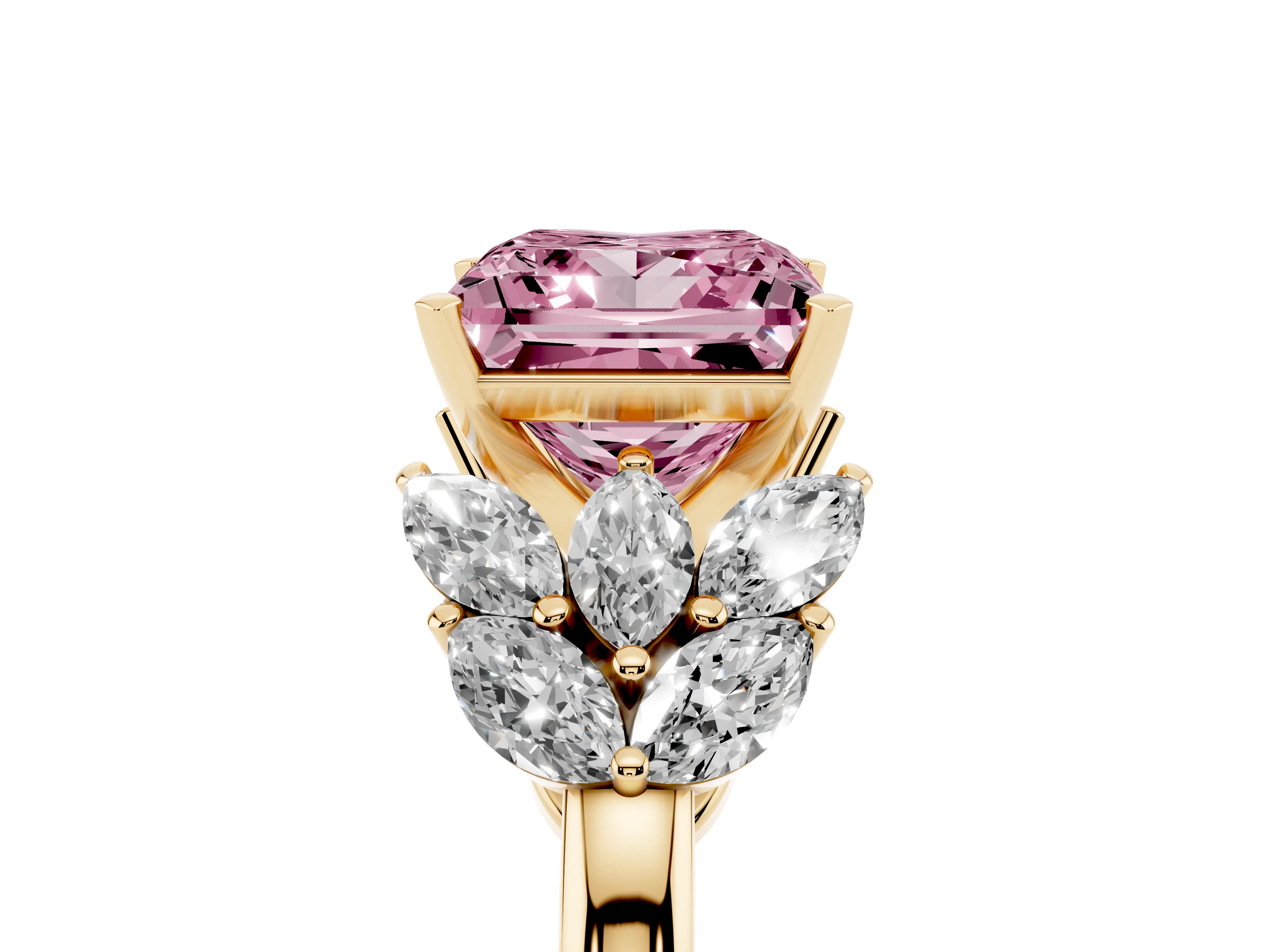 Fancy Pink Princess Cut Diamond Cluster Leaf Design Ring Set in Yellow gold with Prong Setting