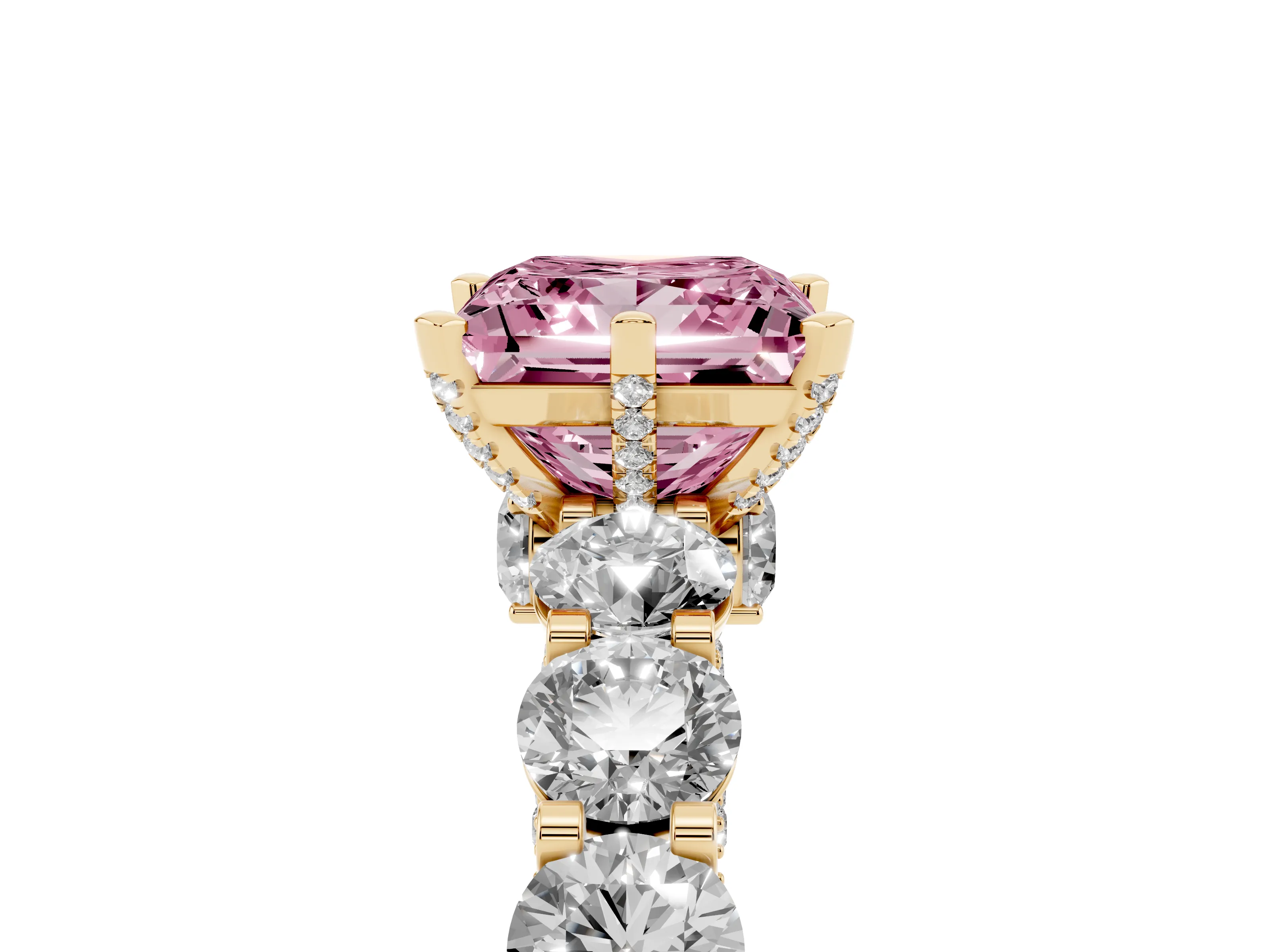 Fancy Pink Princess Cut Diamond Side Stone Ring Set in Yellow gold with Alternating Round and Oval Side Stones
