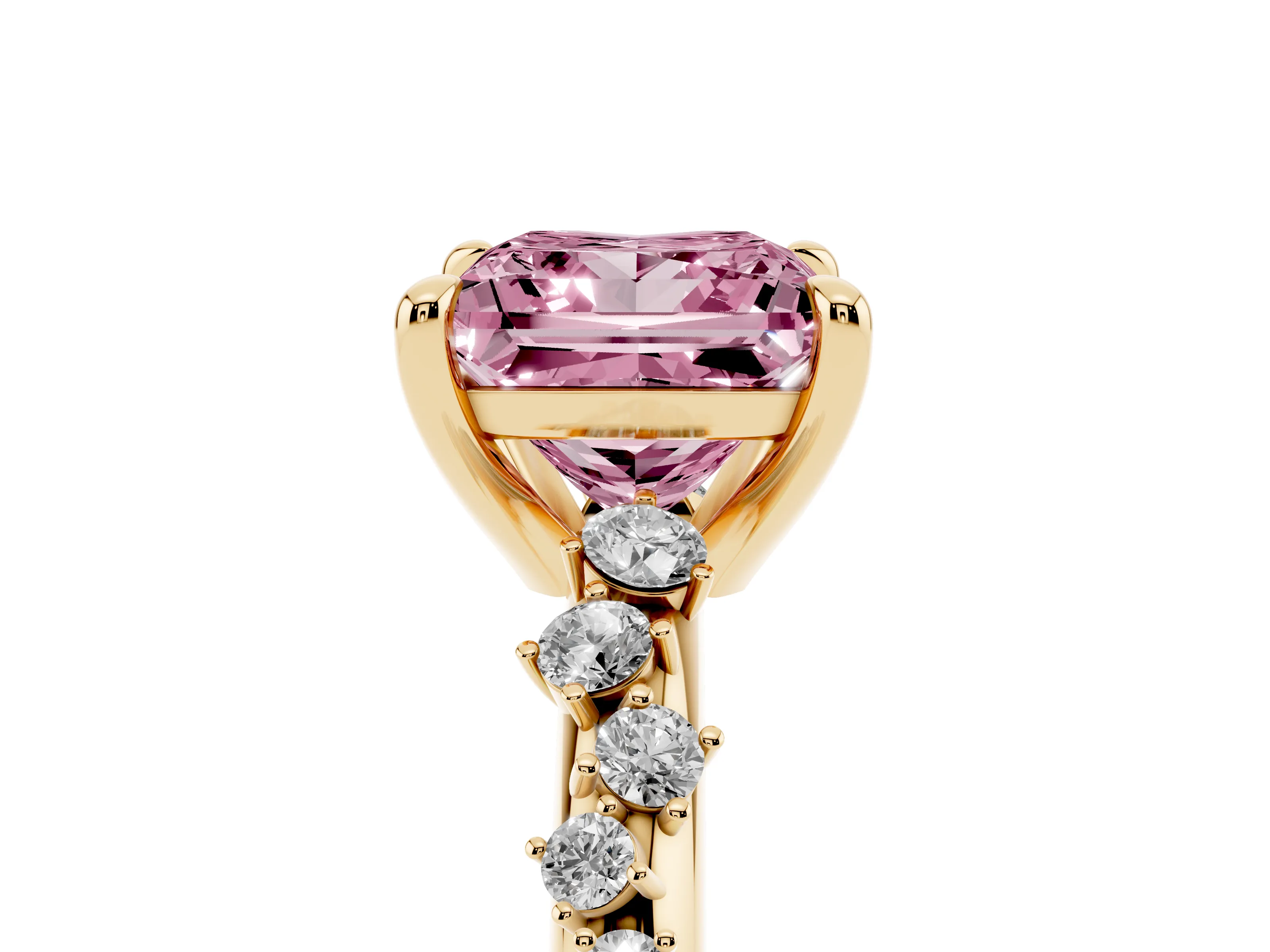 Fancy Pink Princess Cut Diamond Solitaire Vine Band Ring Set in Yellow gold with Round Accents and Prong Setting