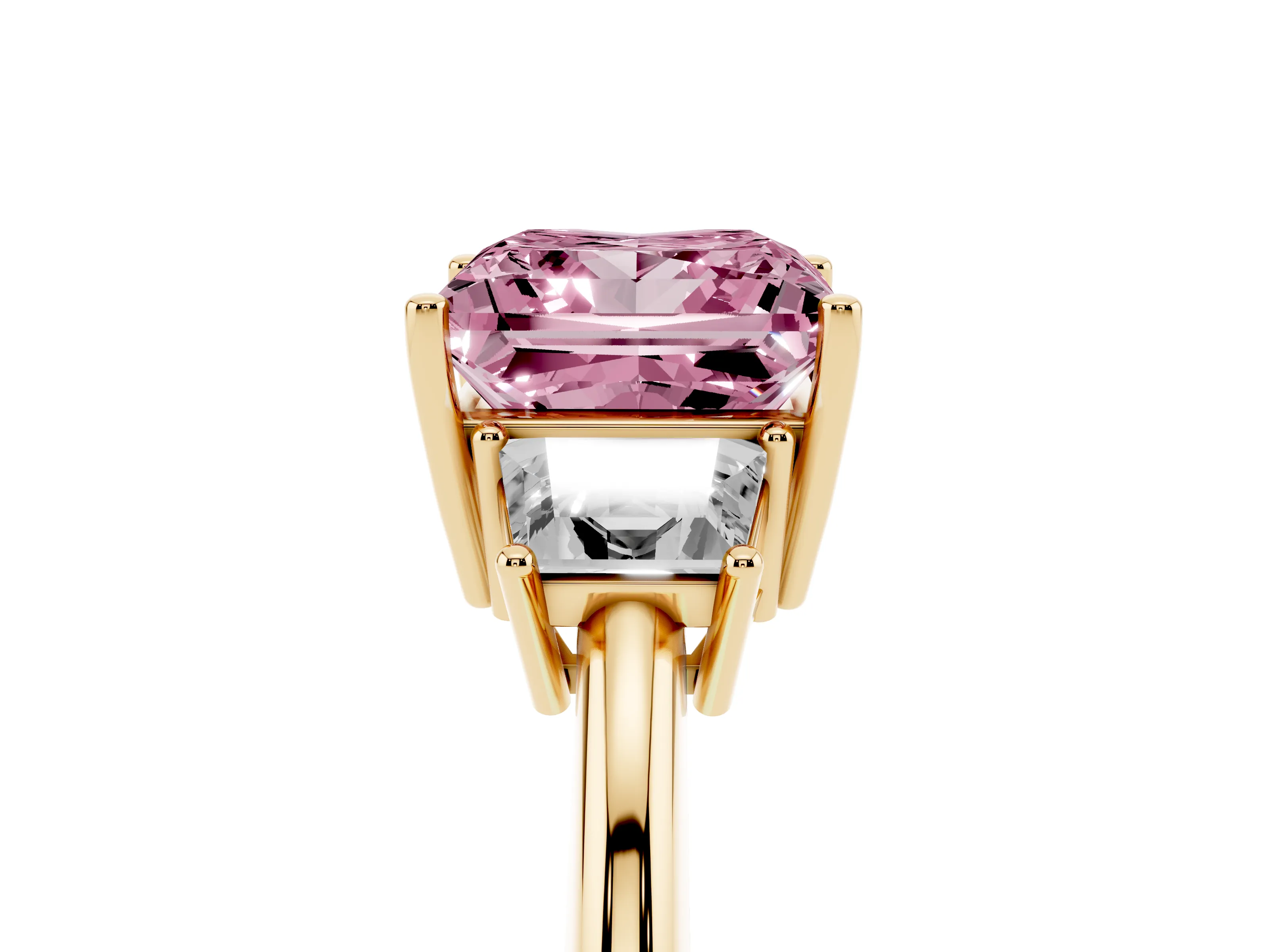 Fancy Pink Princess Cut Diamond Three-Stone Ring Set in Yellow gold with Trapezoid Side Stones and Prong Setting