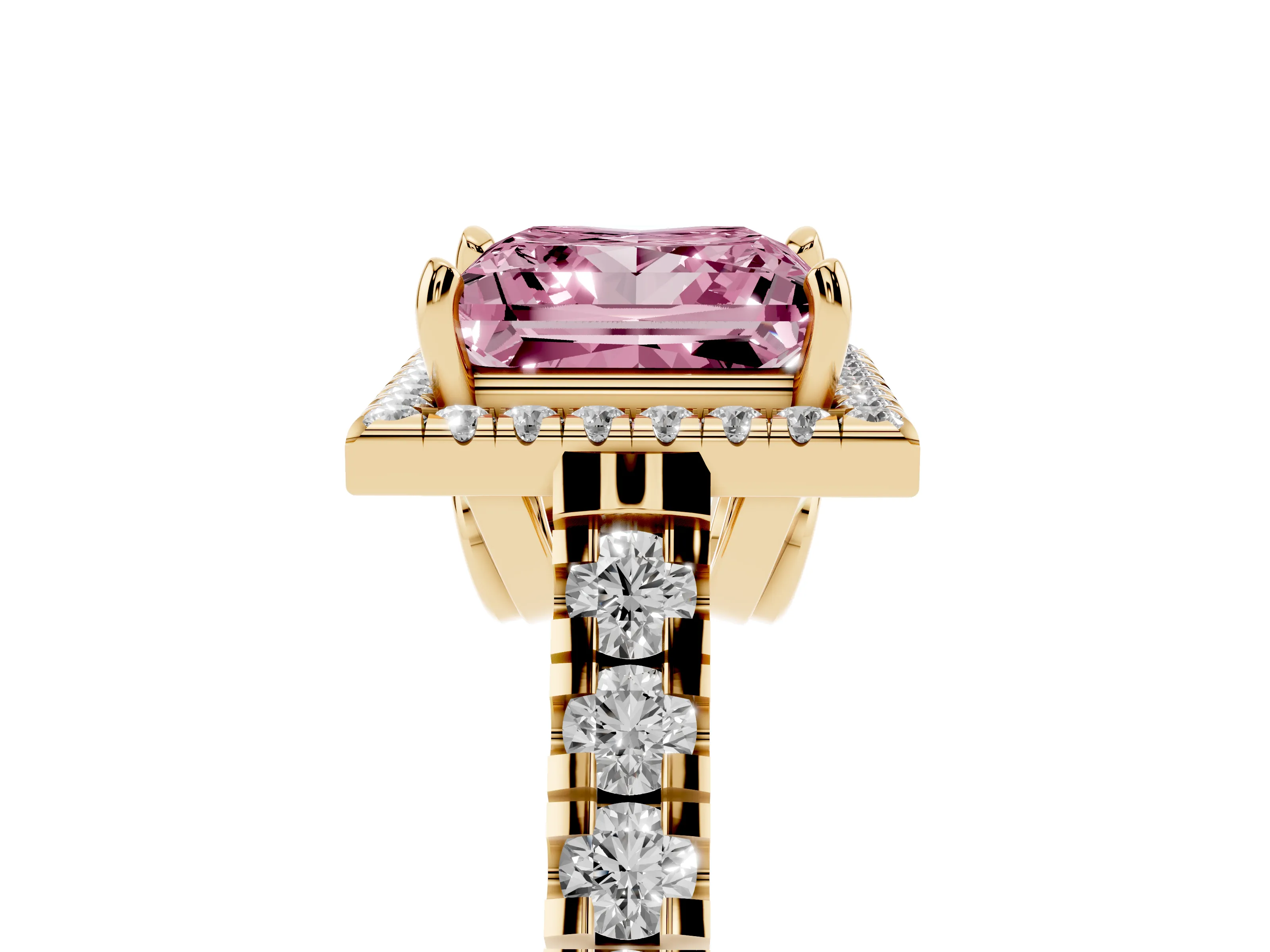 Fancy Pink Princess Cut Diamond Halo Engagement Ring Set in Yellow gold with Pavé Band and Prong-Set Center
