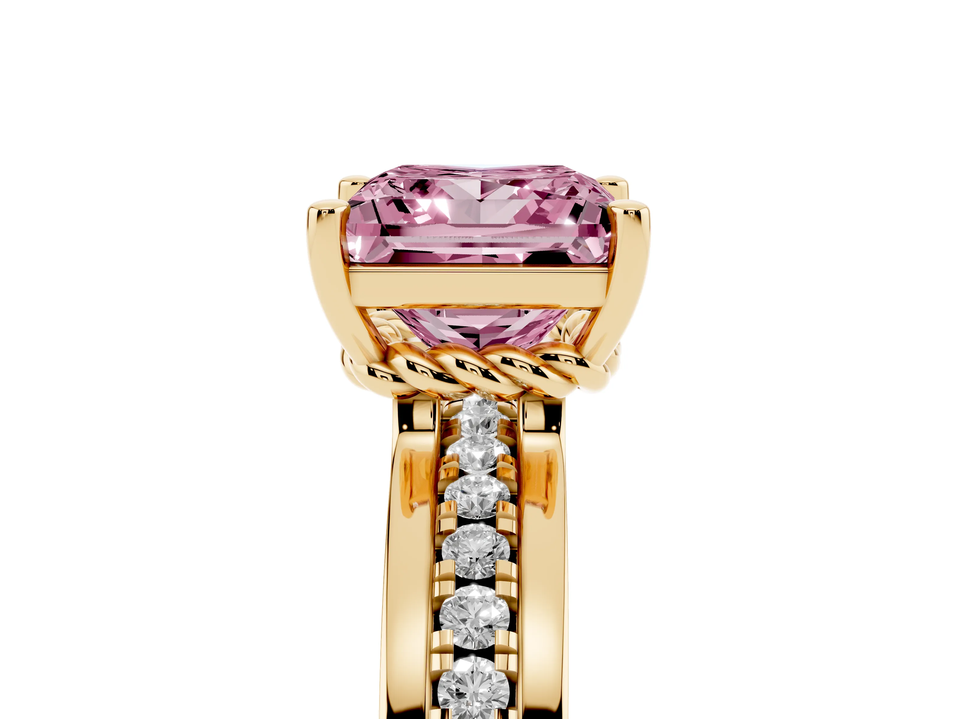 Fancy Pink Princess Cut Diamond Solitaire Ring Set in Yellow gold with Channel Set Band and Prong Setting
