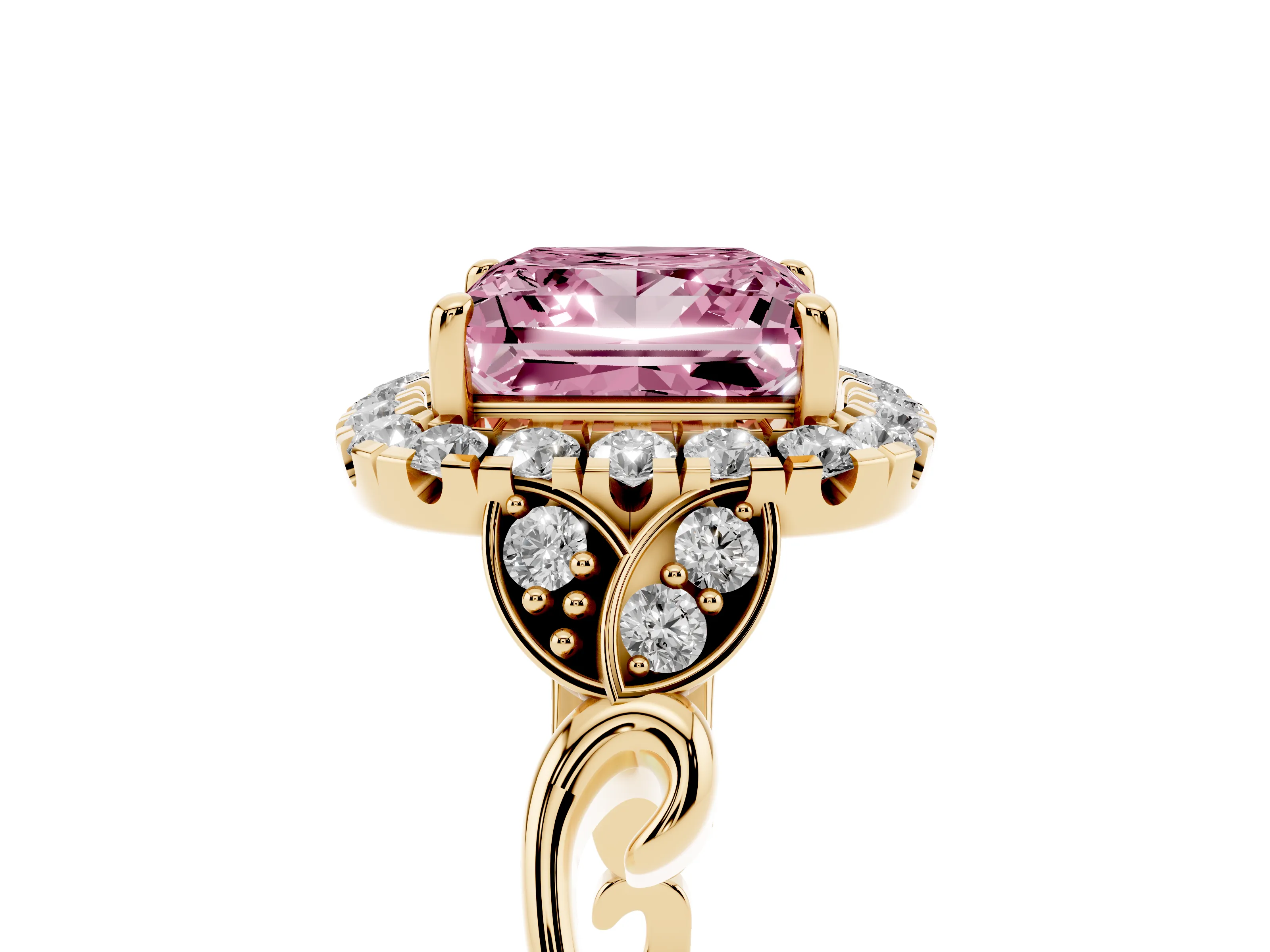 Fancy Pink Princess Cut Diamond Halo Engagement Ring Set in Yellow gold with Vintage-Inspired Band and Prong Setting