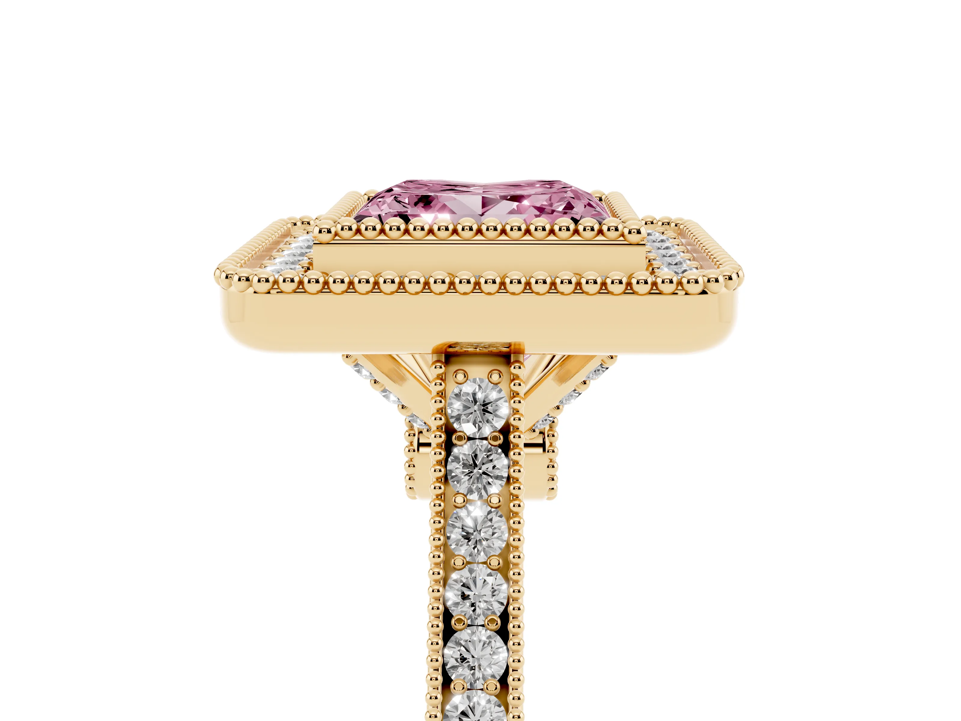 Fancy Pink Princess Cut Diamond Halo Ring Set in Yellow gold with Milgrain Frame and Pavé Band