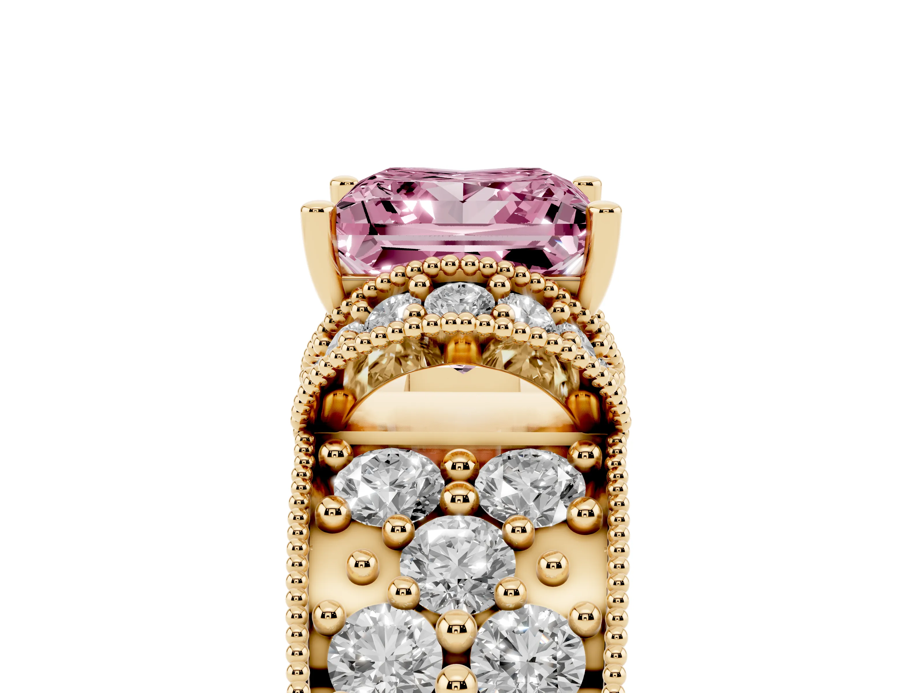 Fancy Pink Princess Cut Diamond Milgrain Halo Pavé Engagement Ring Set in Yellow gold with Prong Setting