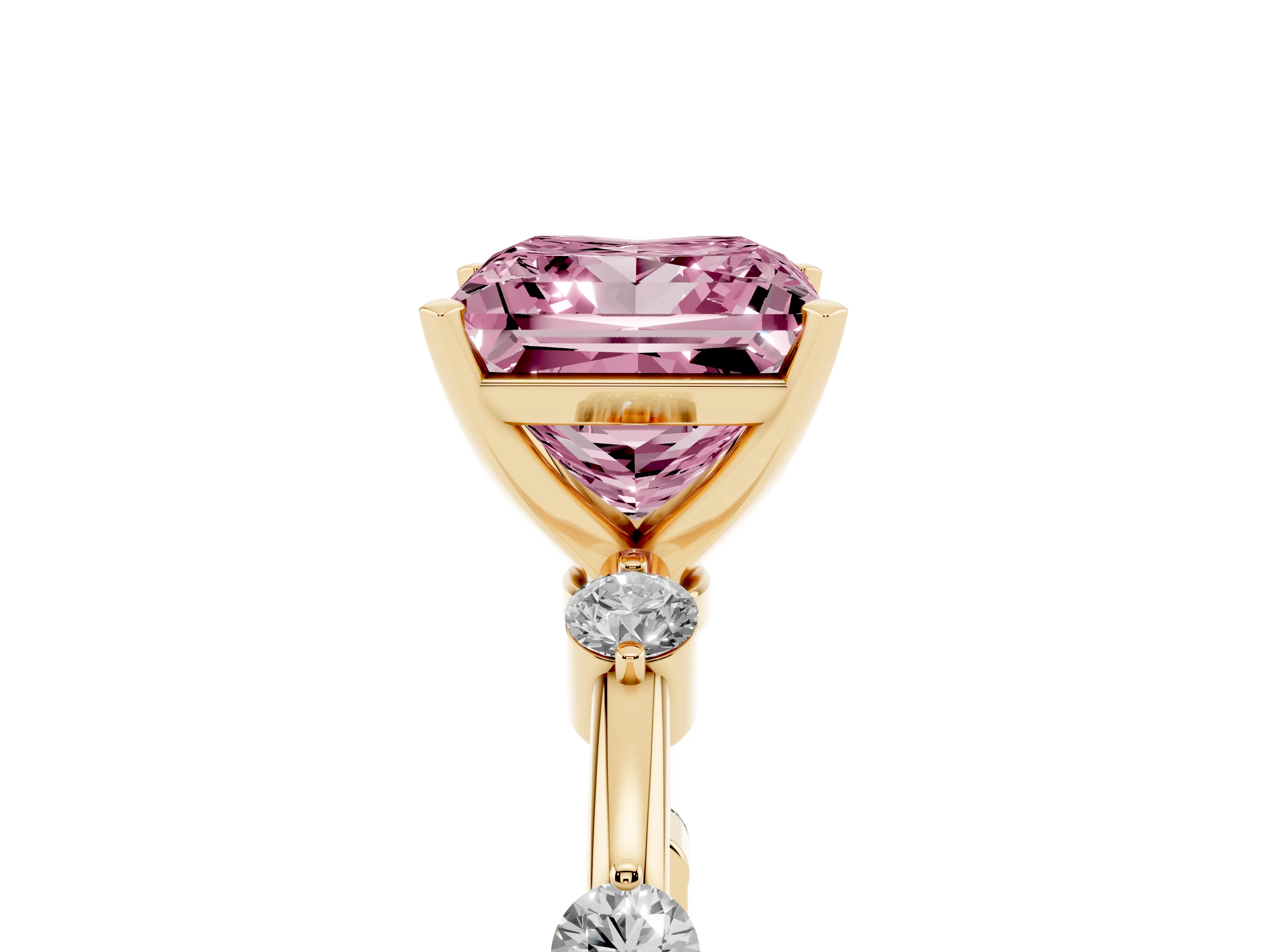 Fancy Pink Princess Cut Diamond Solitaire Ring Set in Yellow gold with Bezel Set Side Stones and Prong Setting