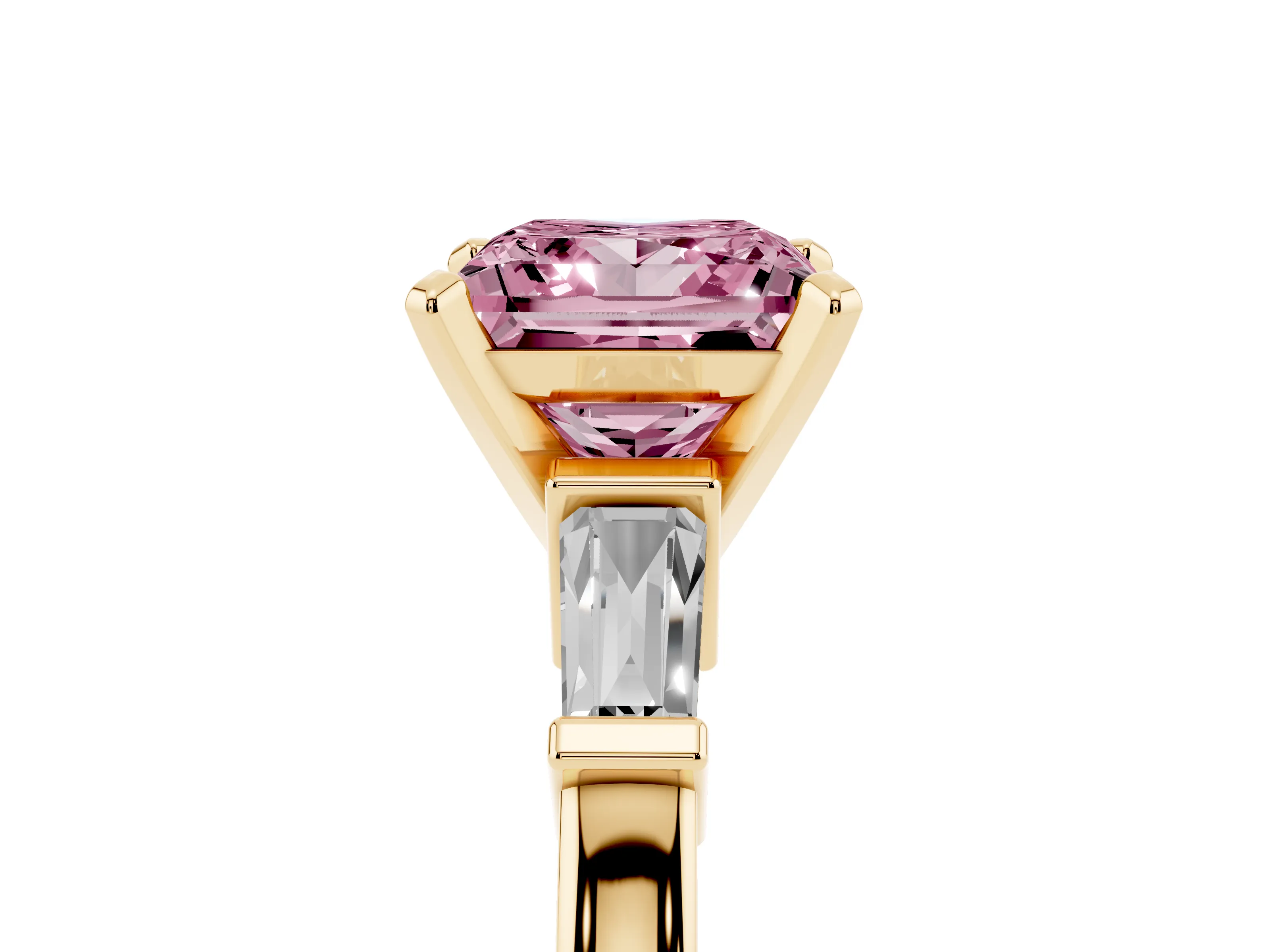 Fancy Pink Princess Cut Diamond Solitaire Ring Set in Yellow gold with Tapered Baguette Accents and Prong Setting