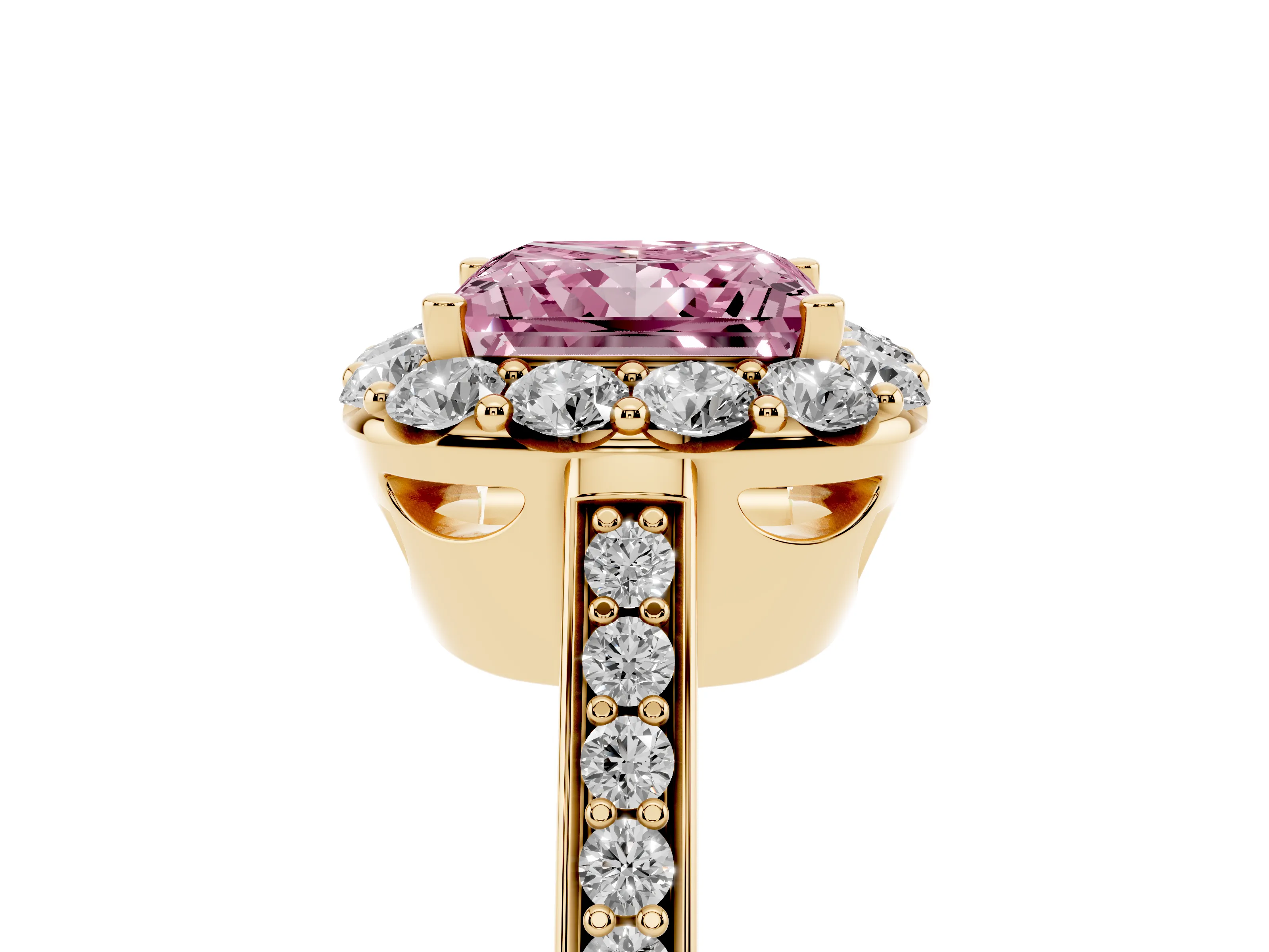 Fancy Pink Princess Cut Diamond Floral Halo Ring Set in Yellow gold with Pavé Band and Prong Setting