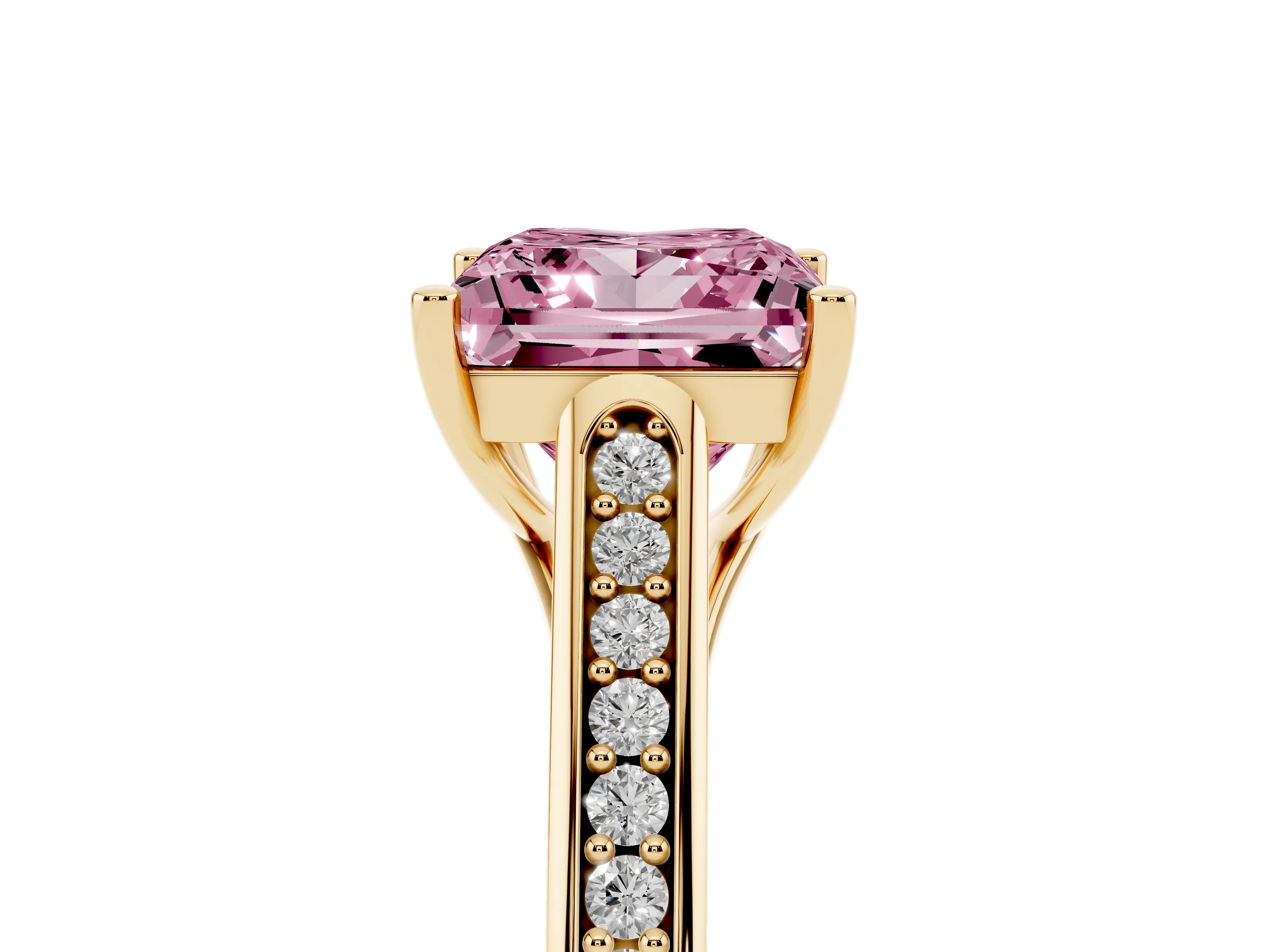 Fancy Pink Princess Cut Diamond Solitaire Cathedral Engagement Ring Set in Yellow gold with Channel-Set Band and Prong Setting