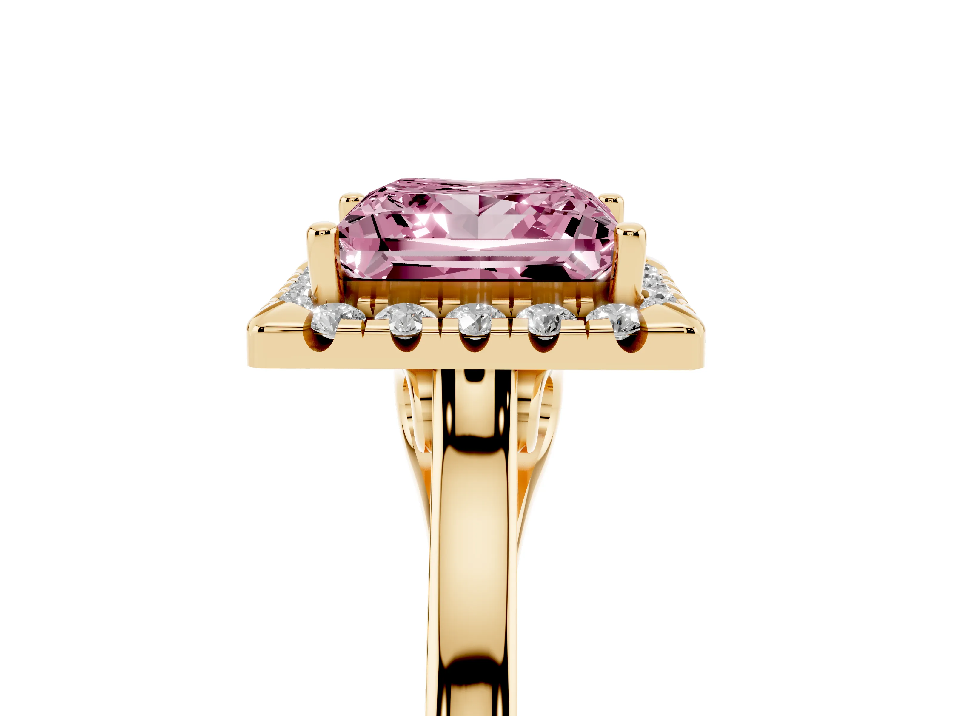 Fancy Pink Princess Cut Halo Round Diamond Solitaire Ring Set in Yellow gold with Pavé Band and Prong Setting