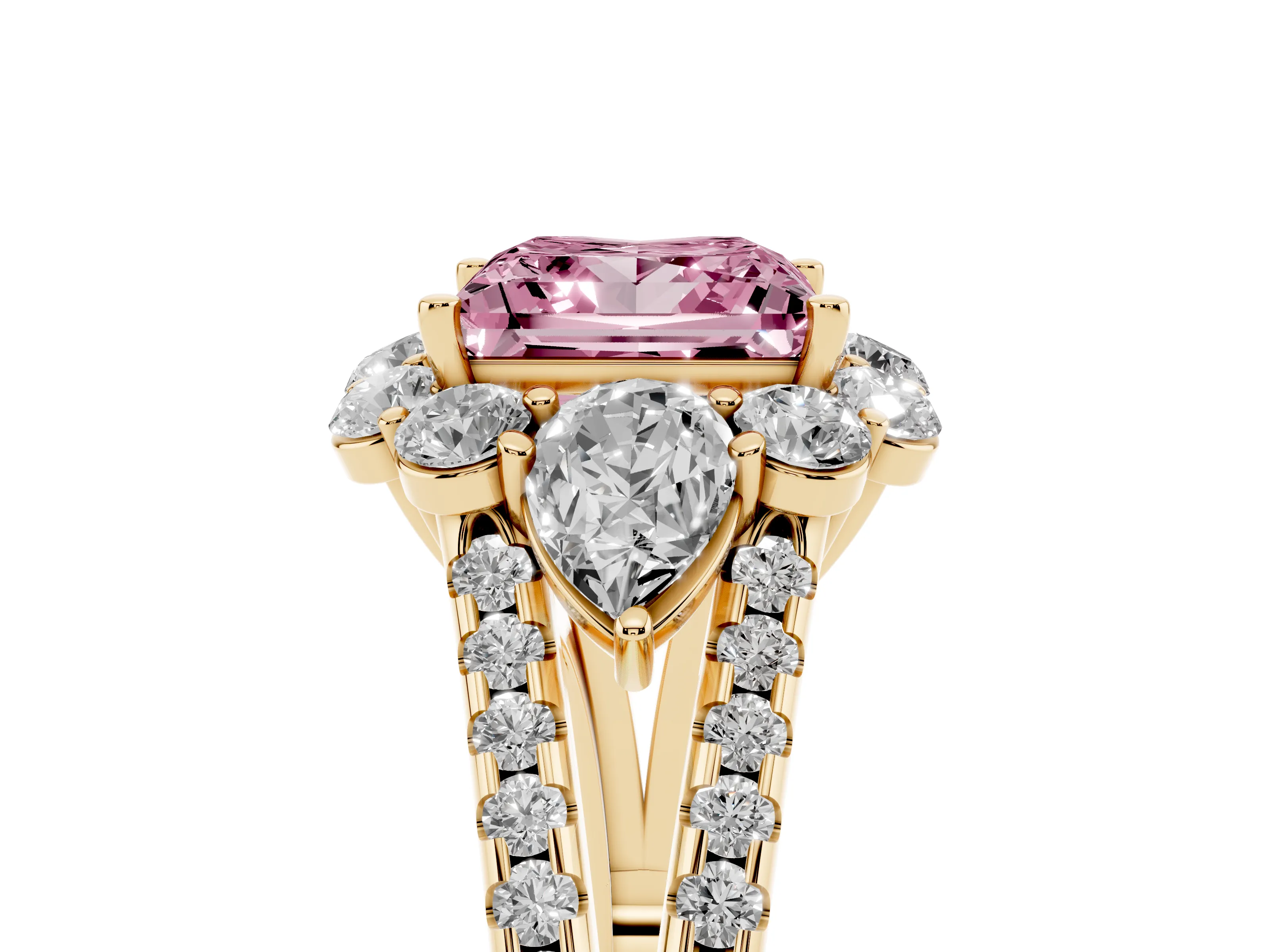 Fancy Pink Princess Cut Diamond Halo Split Shank Engagement Ring Set in Yellow gold with Prong-Held Center Stone