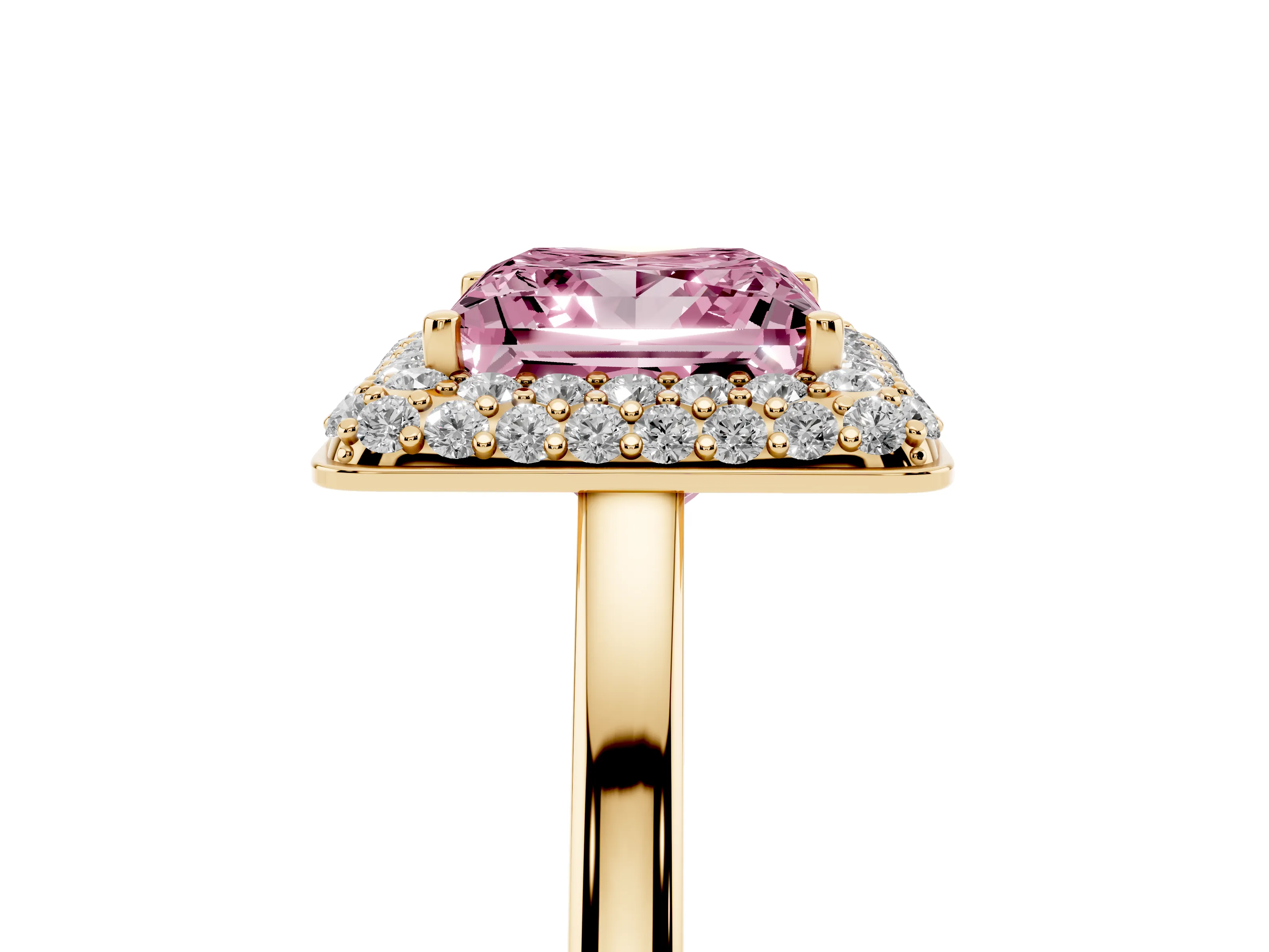 Fancy Pink Princess Cut Diamond Halo Engagement Ring Set in Yellow gold with Solitaire Band and Prong Setting