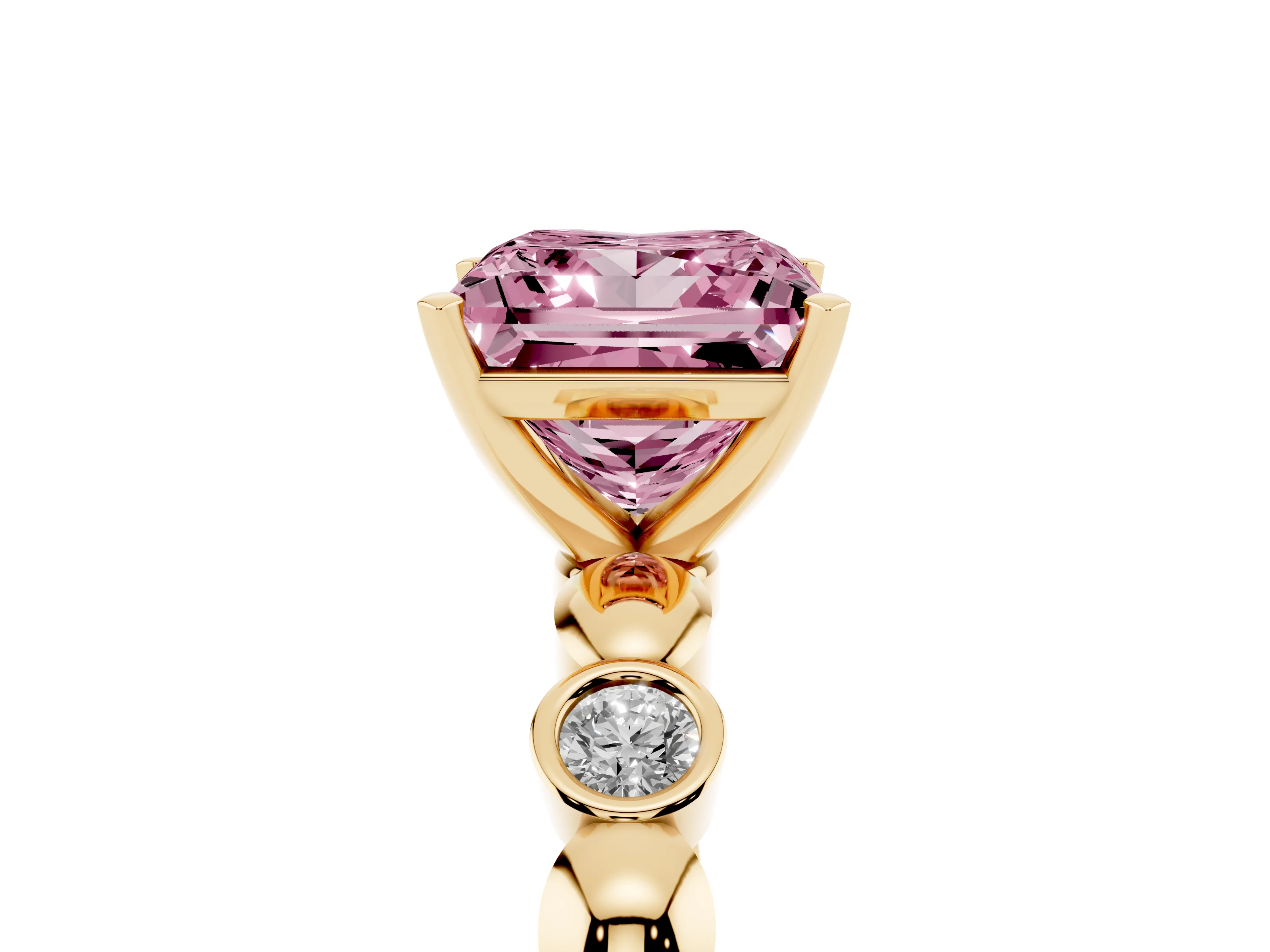 Fancy Pink Princess Cut Diamond Solitaire Ring Set in Yellow gold with Bezel-Set Accents on Beaded Band and Prong Setting