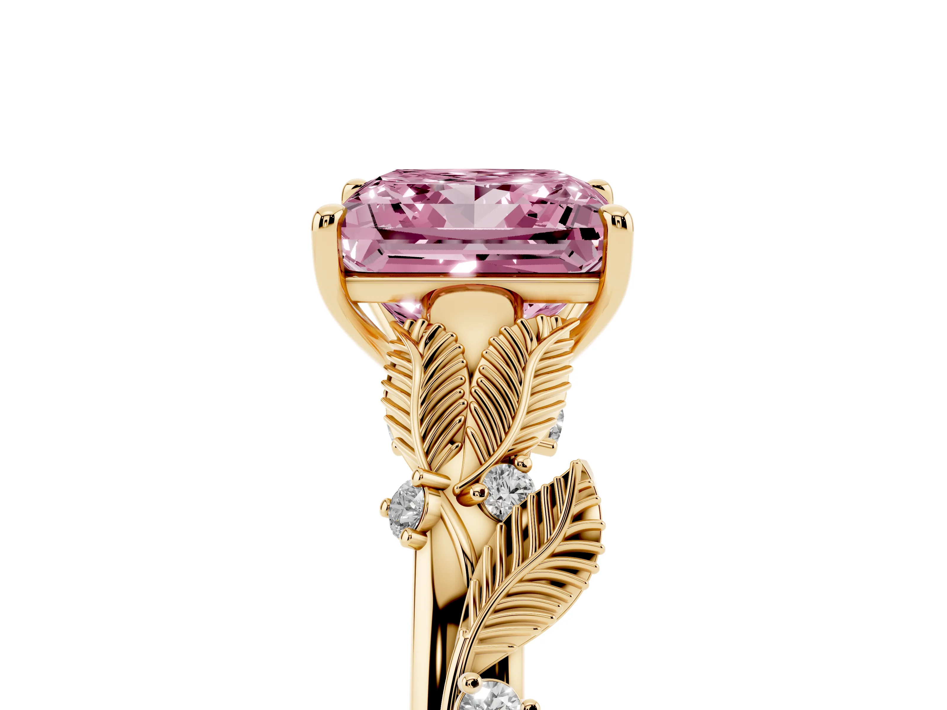 Fancy Pink Princess Cut Diamond Solitaire Ring Set in Yellow gold with Leaf Motif Band