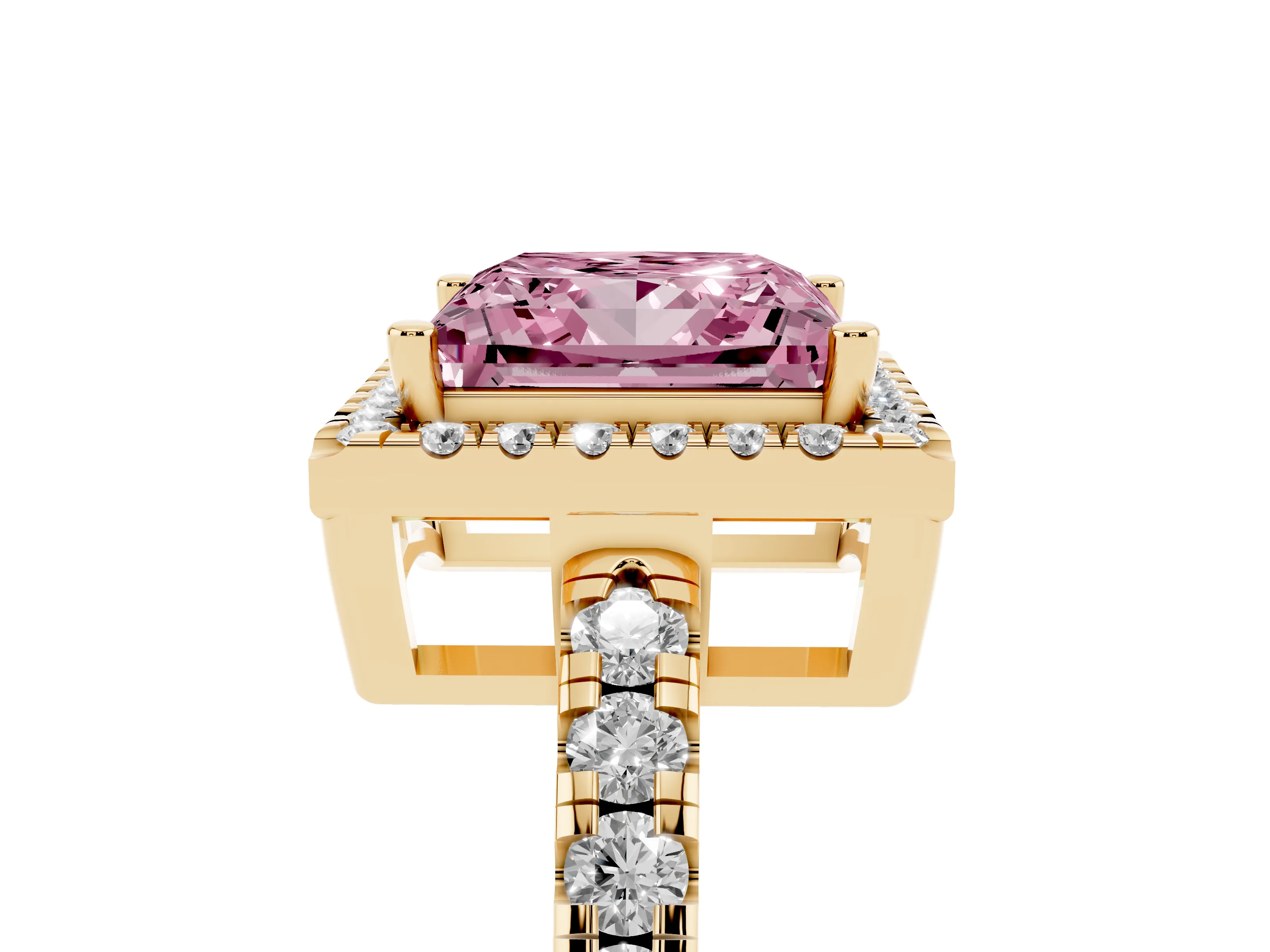 Fancy Pink Princess Cut Diamond Halo Ring Set in Yellow gold with Delicate Pavé Band and Prong Setting