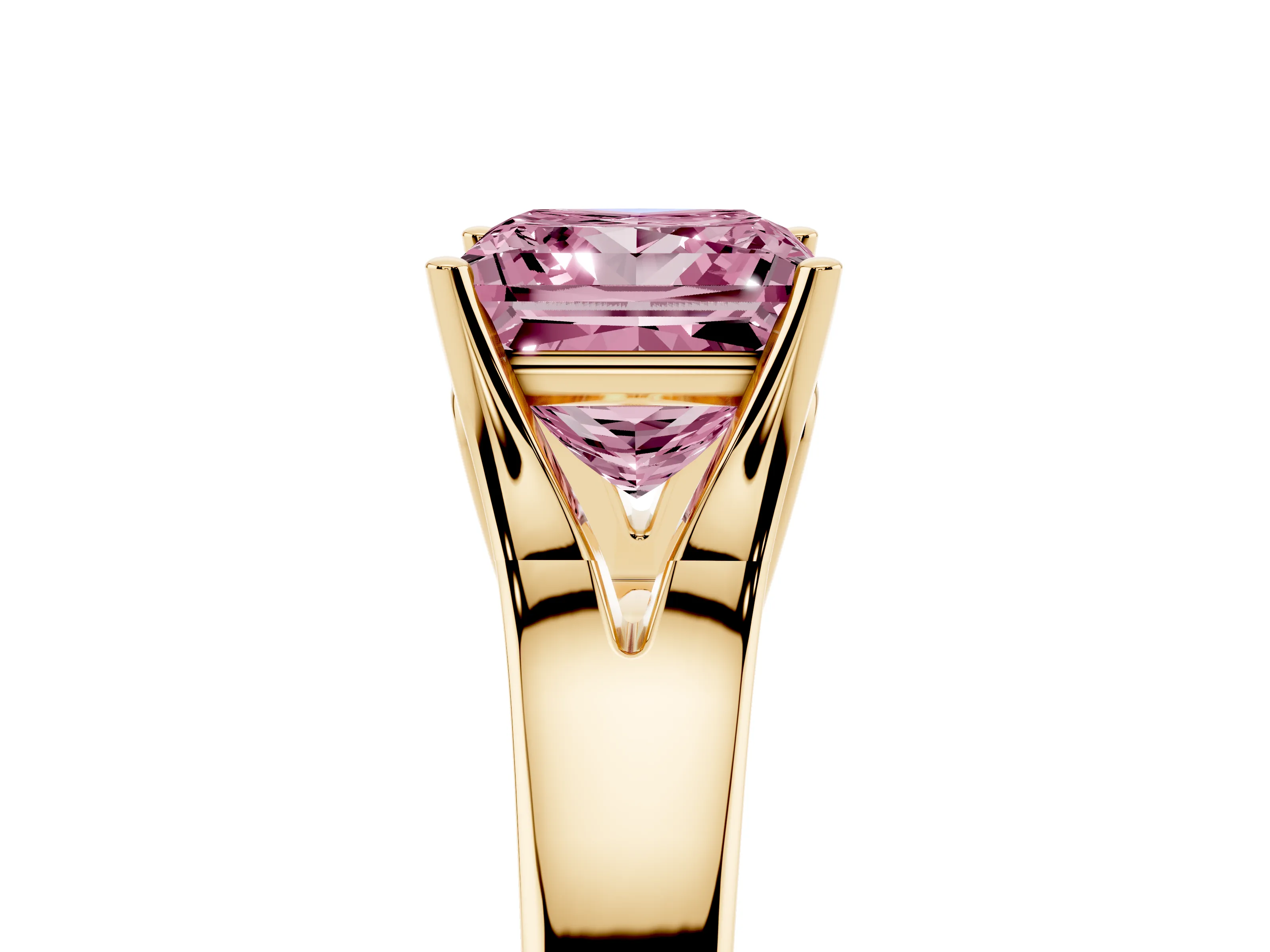 Fancy Pink Princess Cut Diamond Solitaire Ring Set in Yellow gold with Arched Cathedral Band and Prong Setting