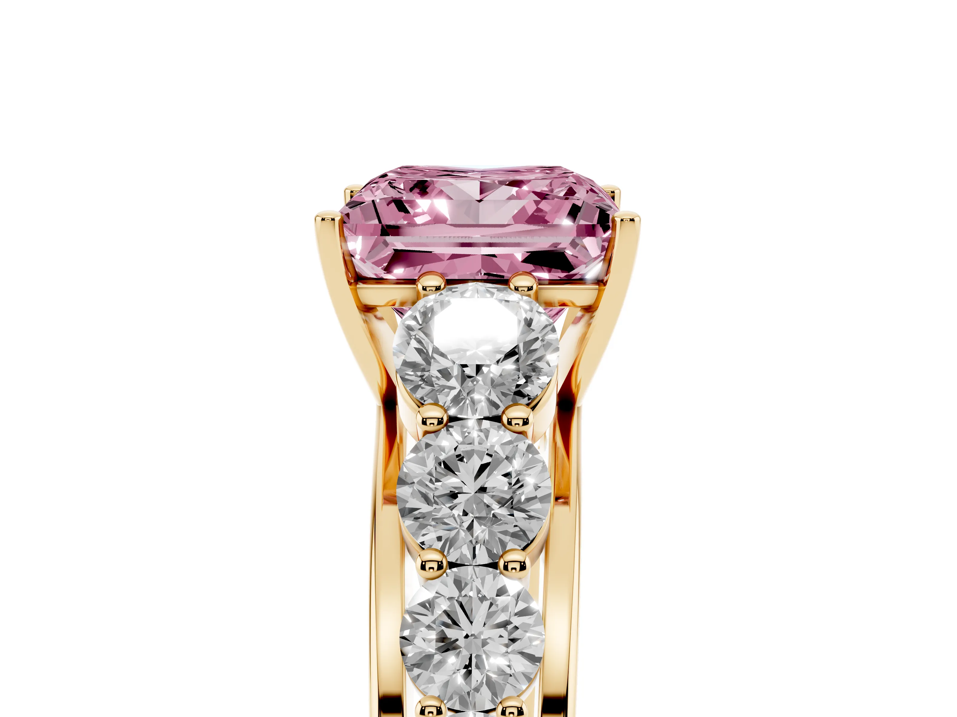 Fancy Pink Princess Cut Diamond Solitaire Ring Set in Yellow gold with Pavé-Set Band and Prong Setting