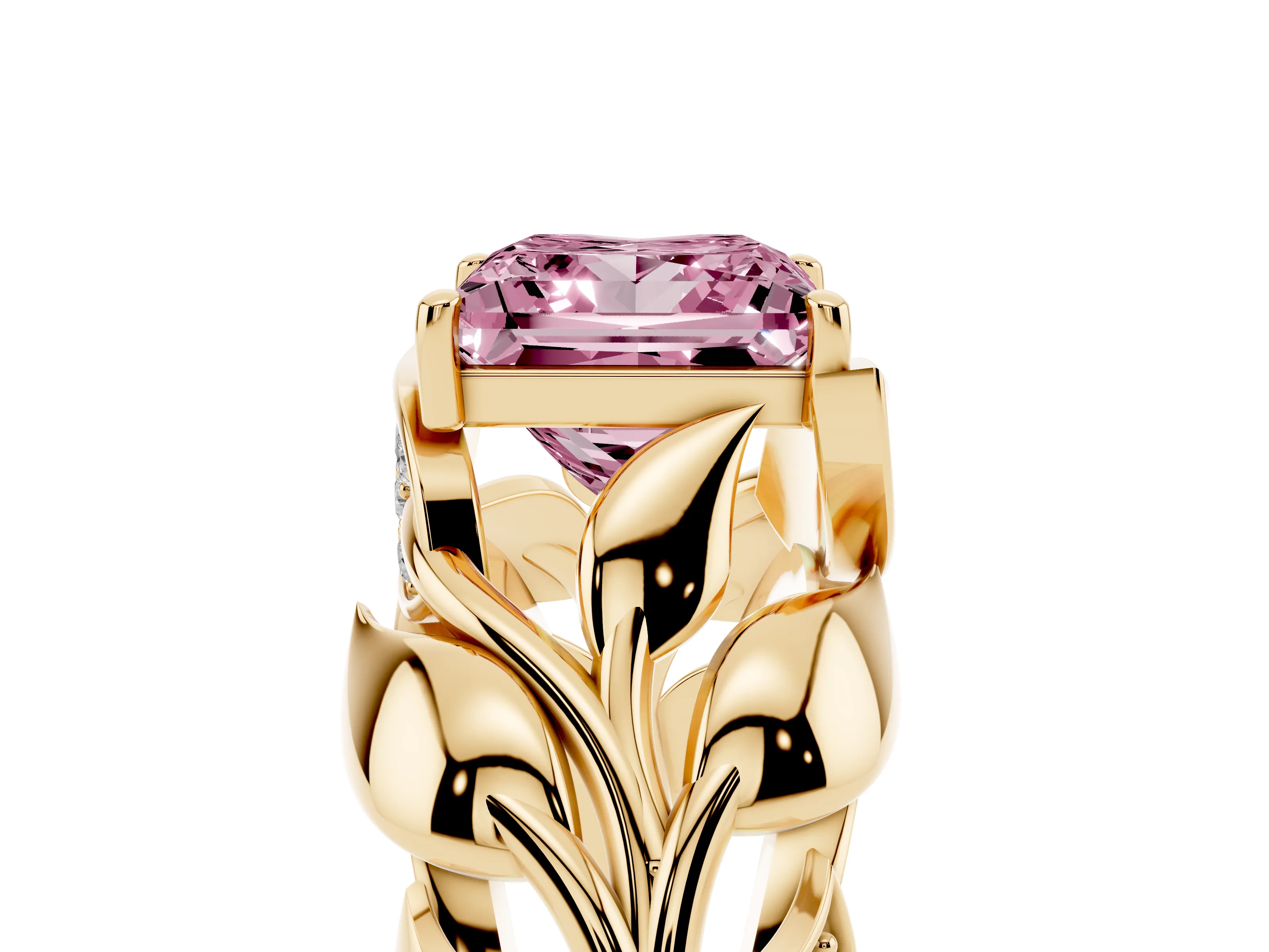 Fancy Pink Princess Cut Diamond Leaf-Inspired Engagement Ring Set in Yellow gold with Round Accents