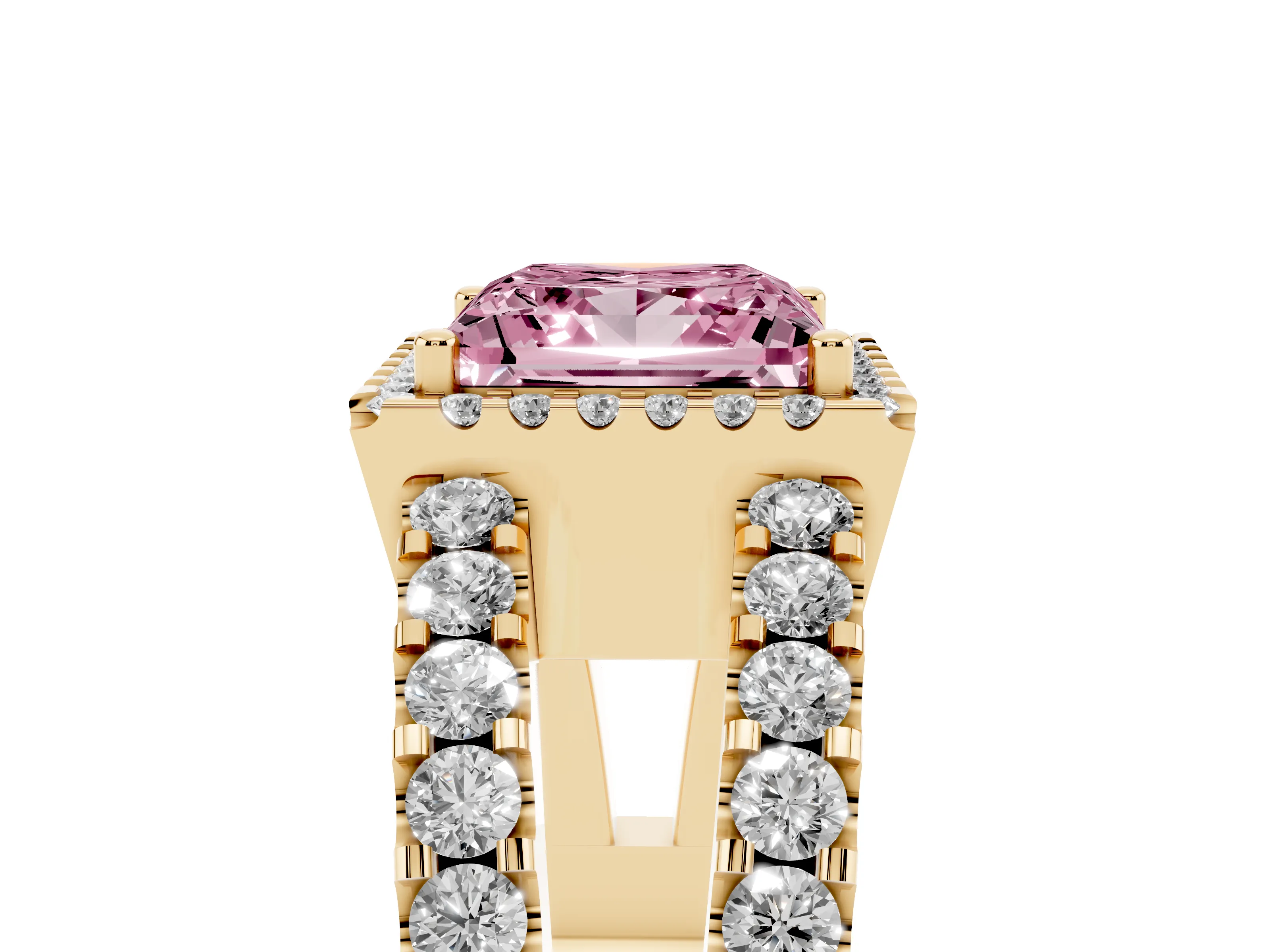 Fancy Pink Princess Cut Diamond Halo Ring Set in Yellow gold with Pavé Split Shank and Prong Setting