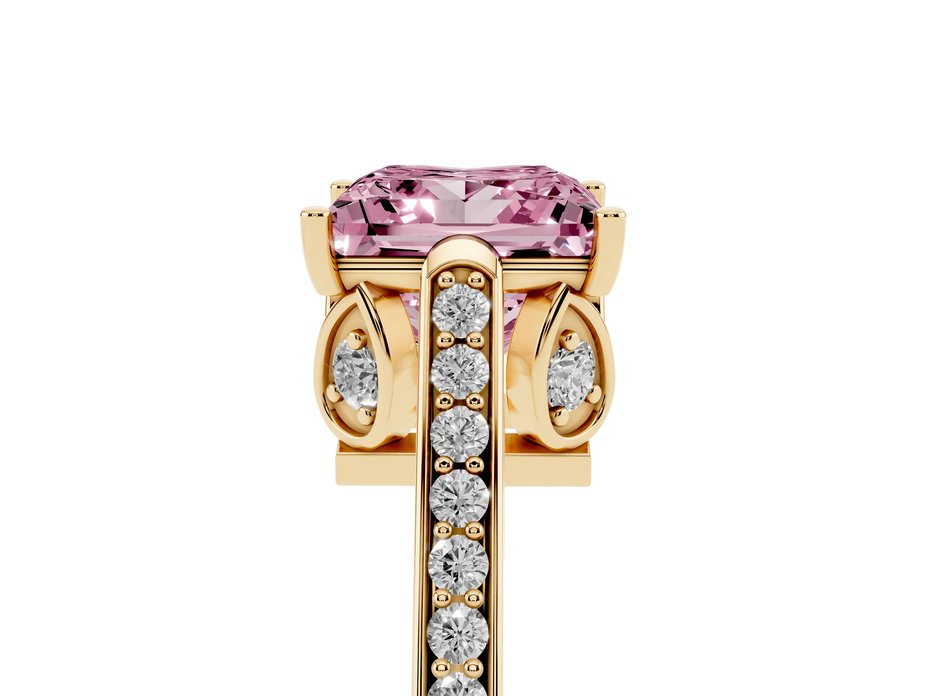 Fancy Pink Princess Cut Diamond Cathedral Pavé Engagement Ring Set in Yellow gold with Prong Setting