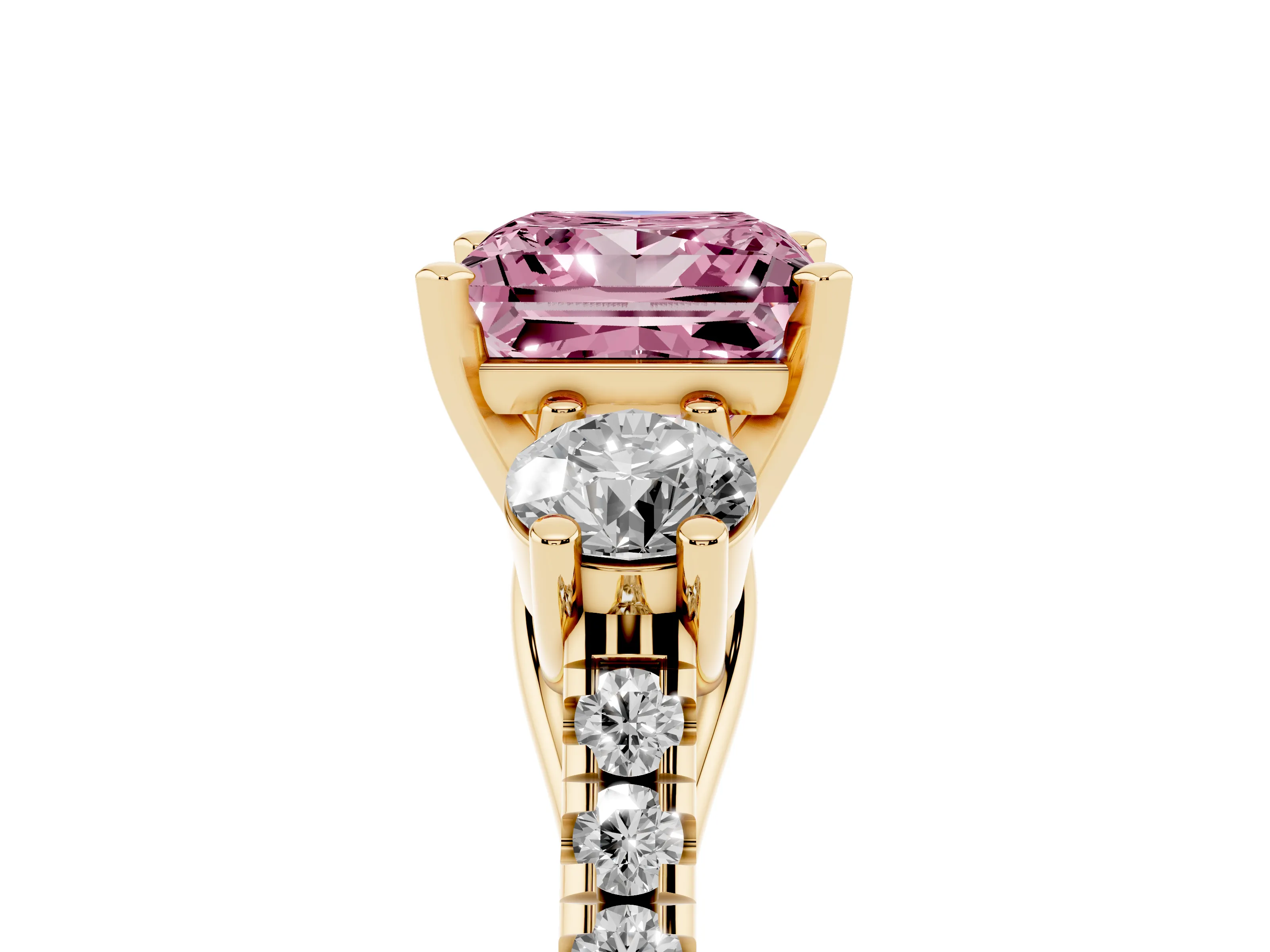 Fancy Pink Three-Stone Princess Cut Diamond Pavé Band Ring Set in Yellow gold with Prong-Set Trio