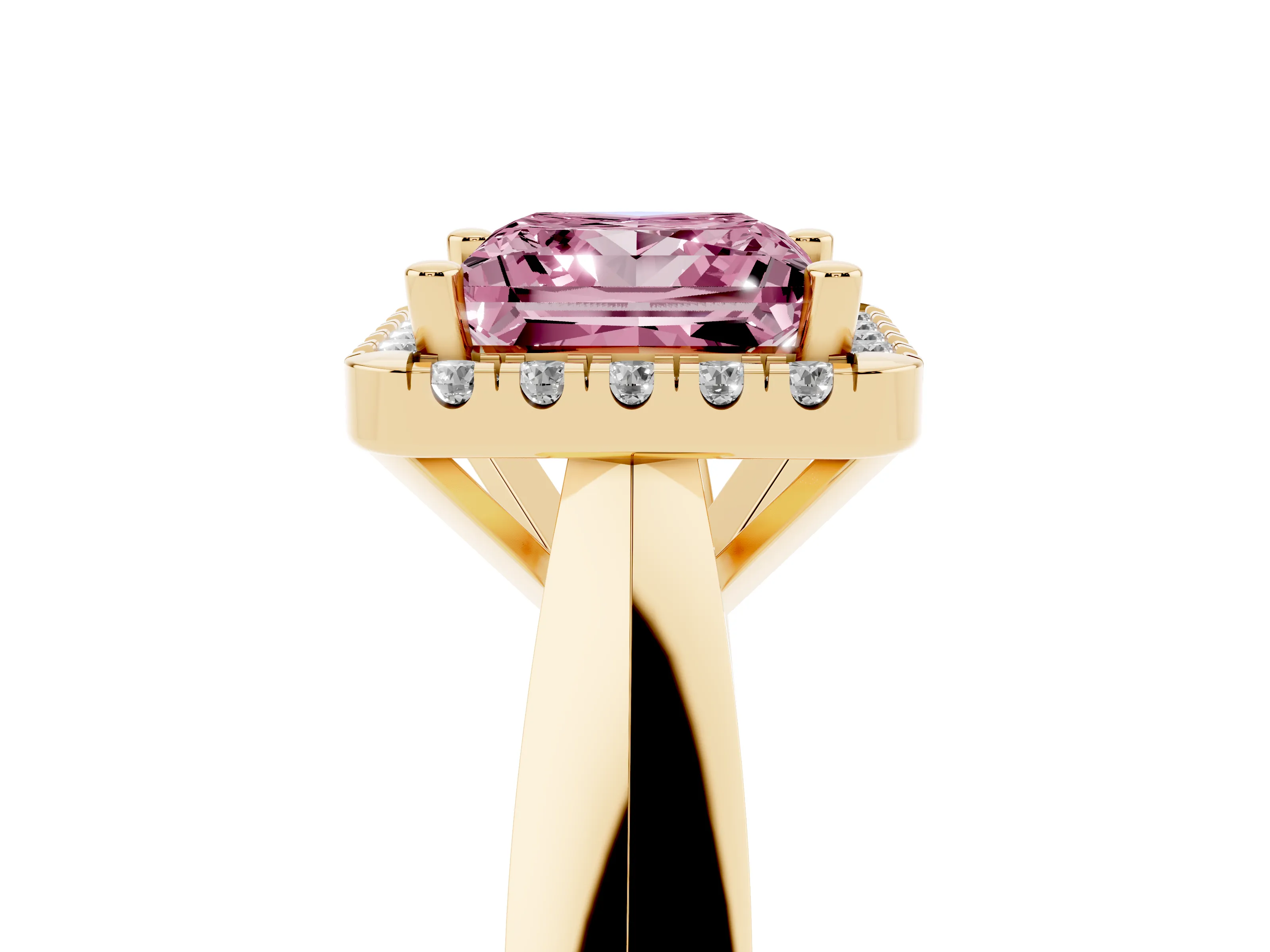 Fancy Pink Princess Cut Diamond Halo Solitaire Engagement Ring Set in Yellow gold with Square Band and Prong Setting