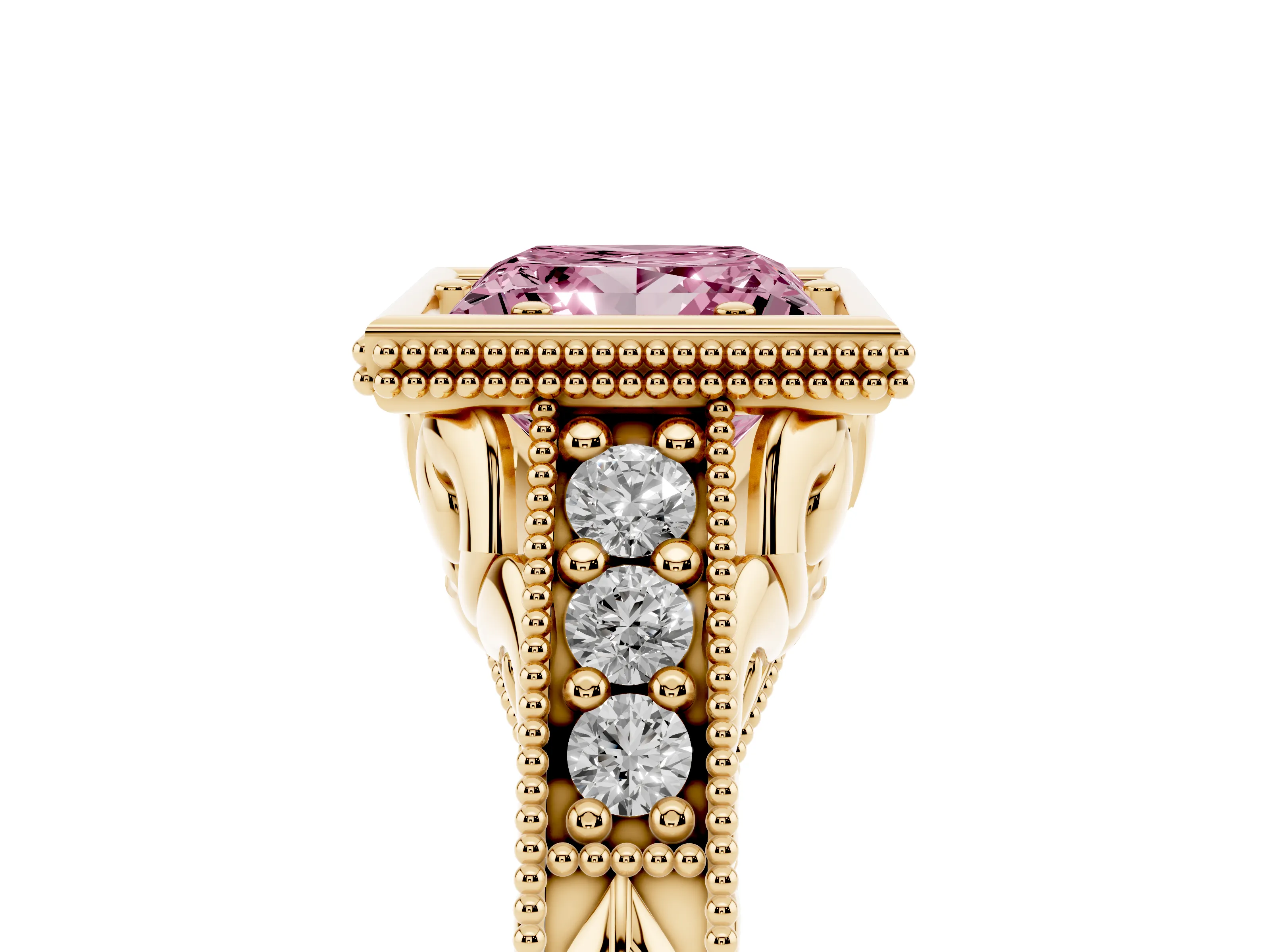 Fancy Pink Bezel Set Princess Cut Diamond Milgrain Pavé Engagement Ring Set in Yellow gold