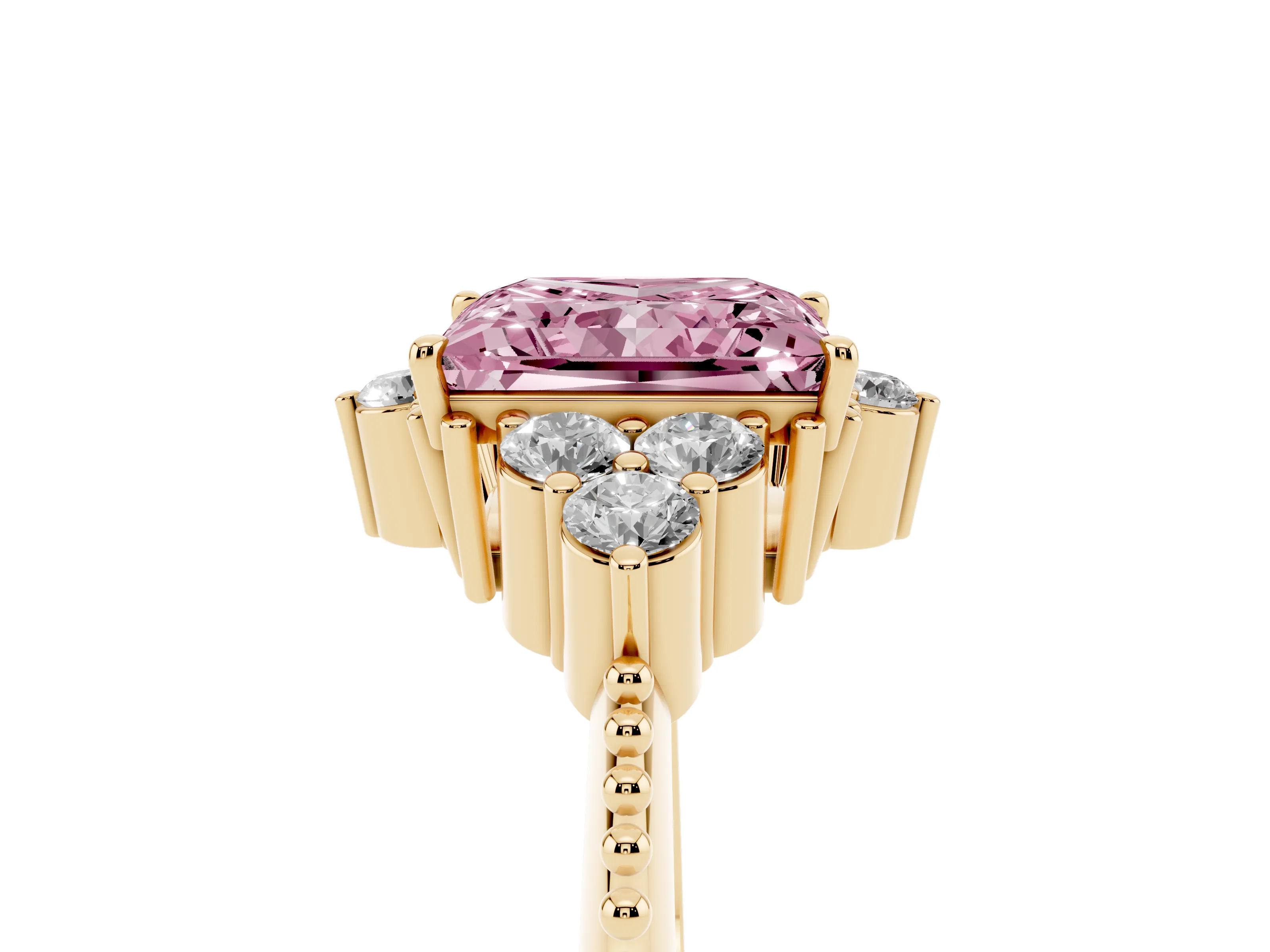 Fancy Pink Princess Cut Diamond Cluster Ring Set in Yellow gold with Beaded Band