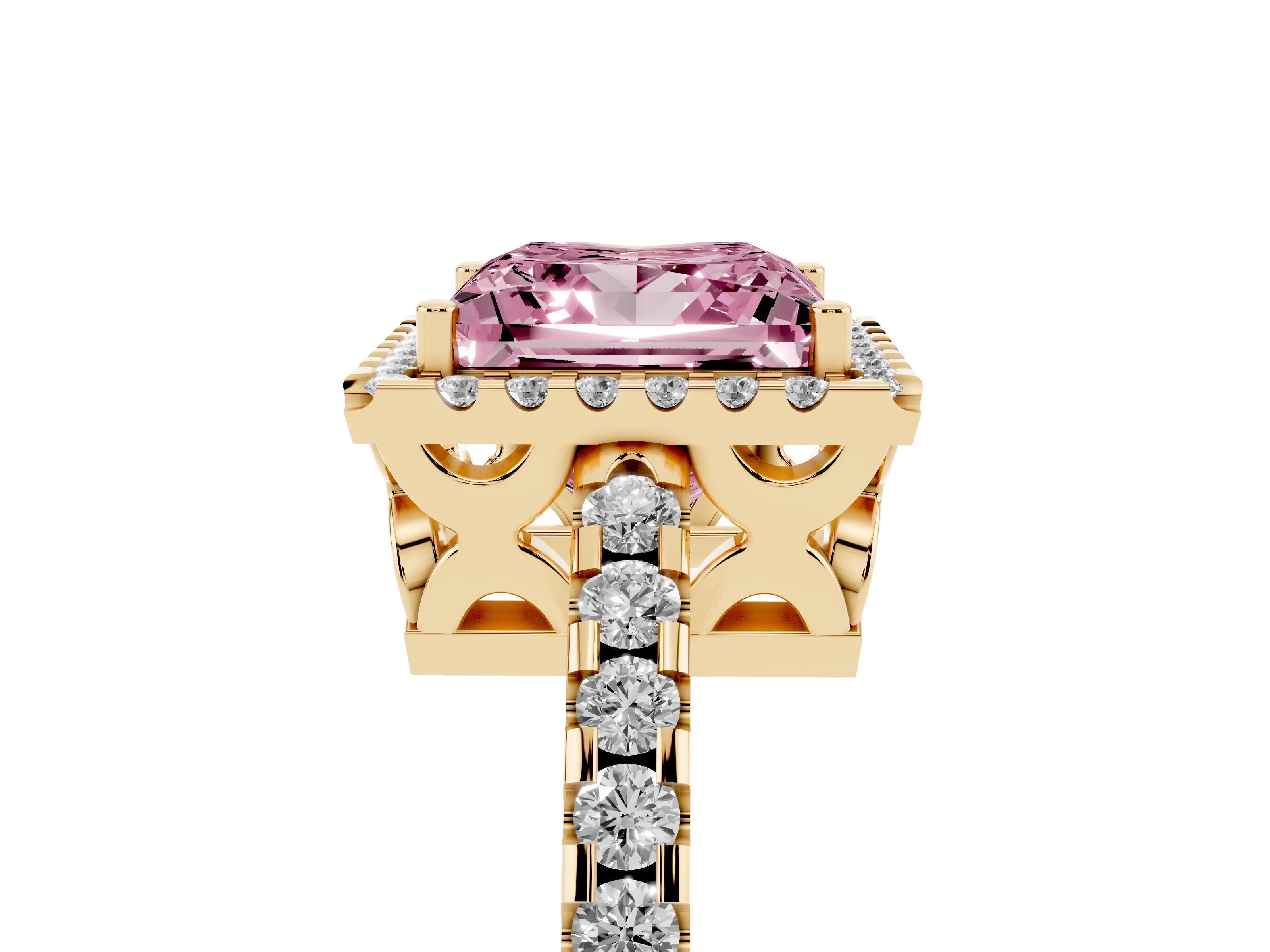 Fancy Pink Princess Cut Diamond Halo Ring Set in Yellow gold with Pavé Shoulders and Halo-Framed Center
