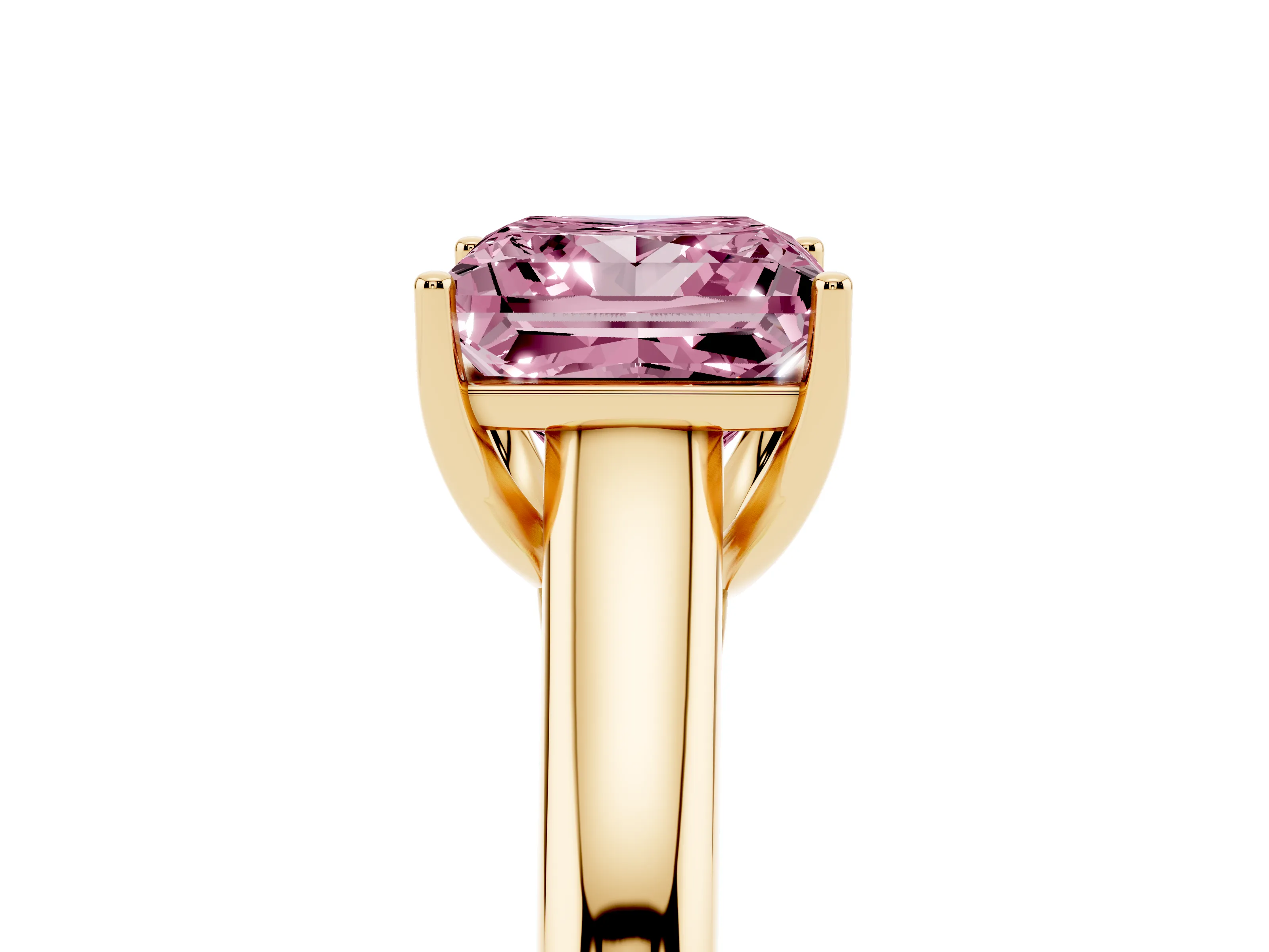 Fancy Pink Princess Cut Diamond Solitaire Engagement Ring Set in Yellow gold with Subtly Tapered Band and Prong Setting