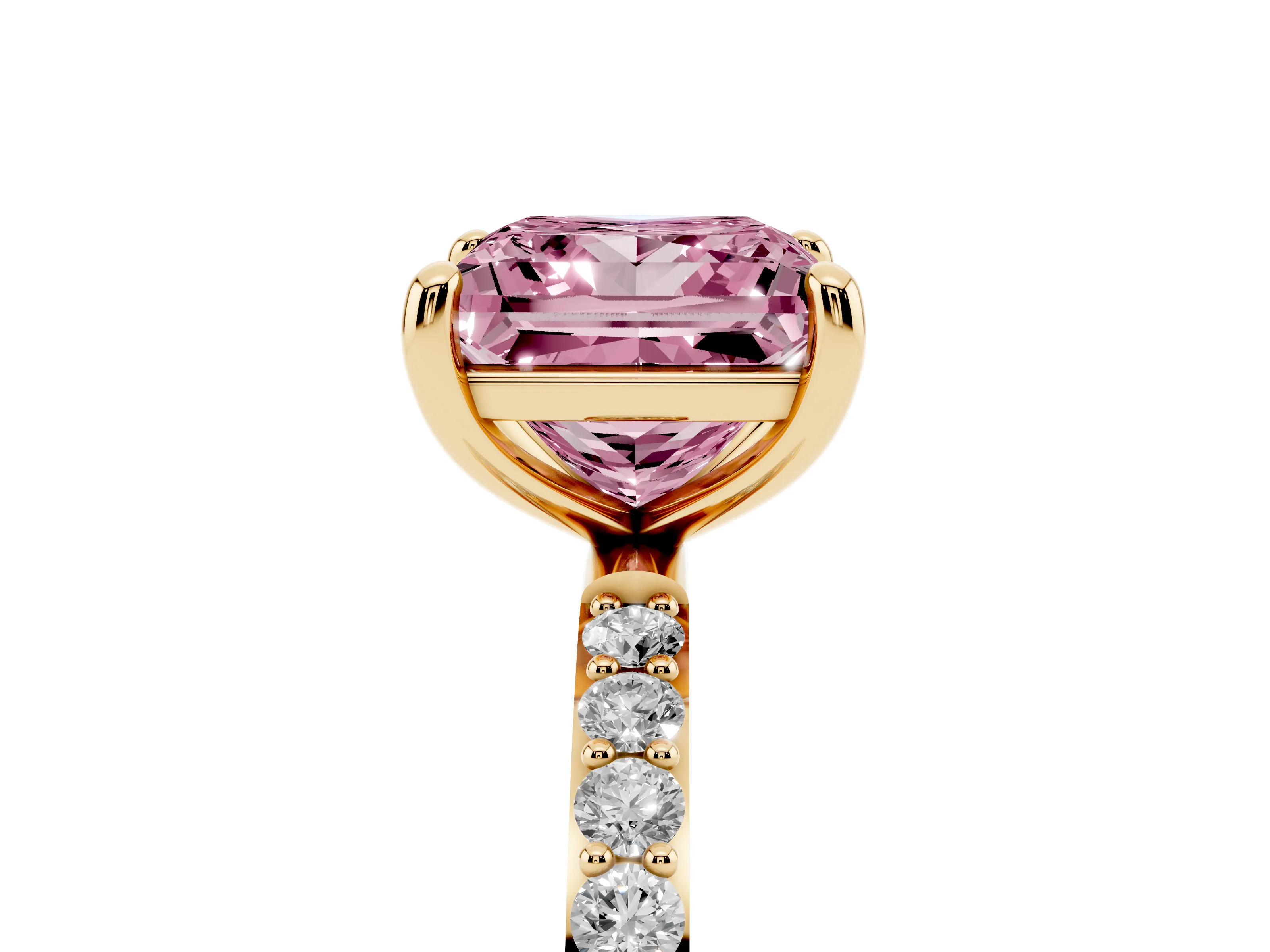 Fancy Pink Princess Cut Diamond Solitaire Ring Set in Yellow gold with Round Pavé Band and Prong Setting