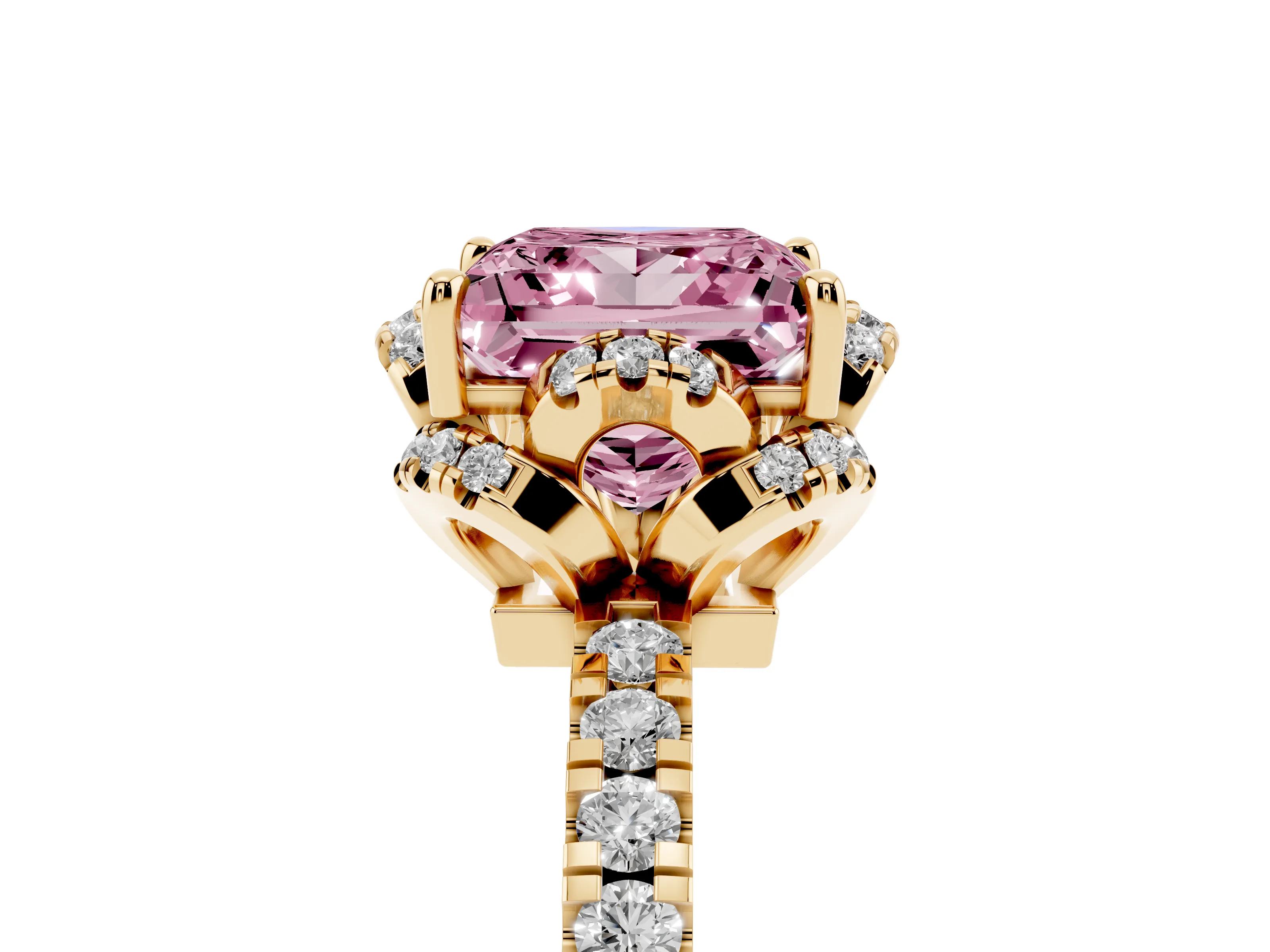 Fancy Pink Princess Cut Diamond Halo Pavé Band Ring Set in Yellow gold with Prong-Held Center