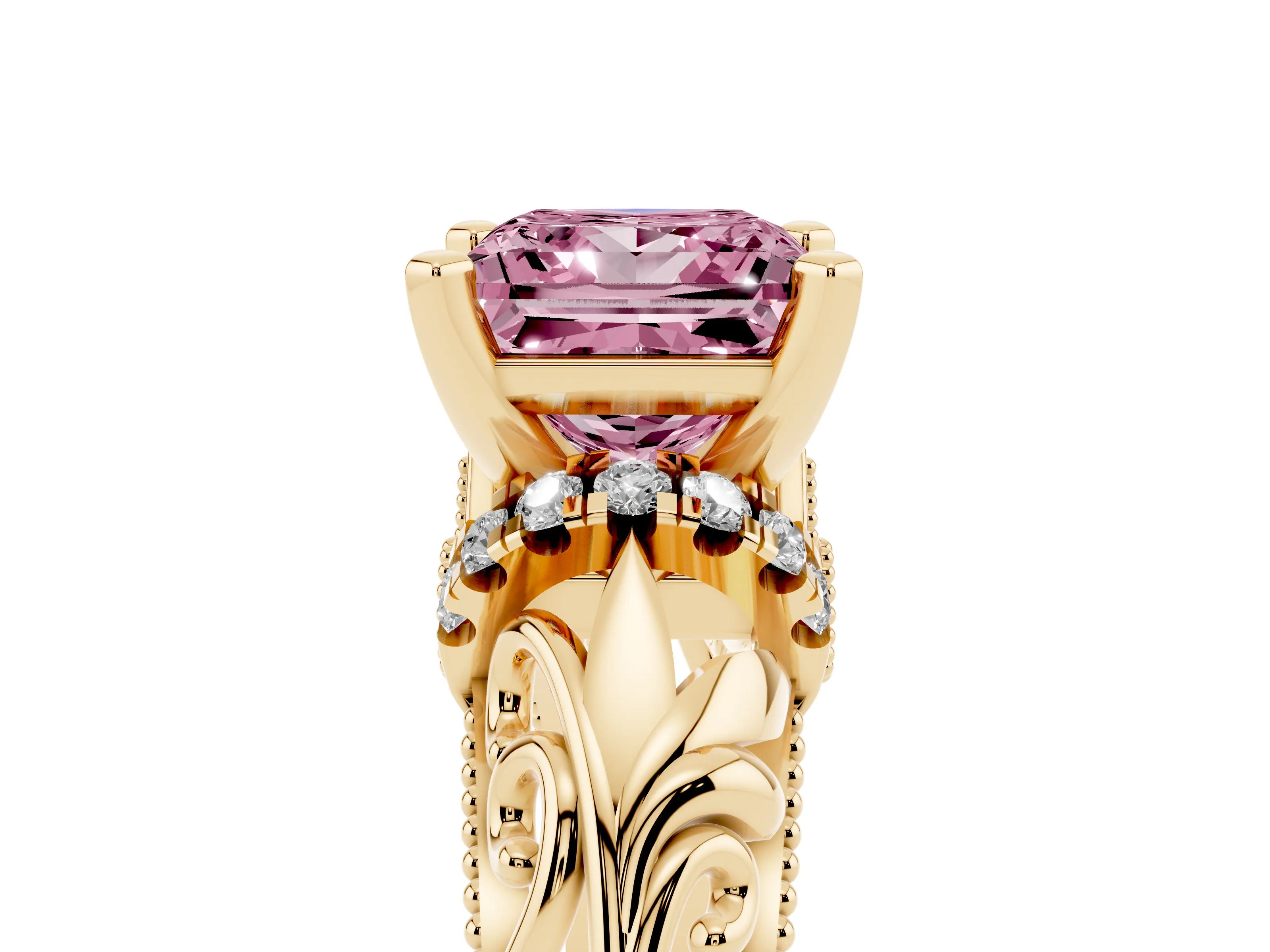 Fancy Pink Princess Cut Diamond Filigree Halo Engagement Ring Set in Yellow gold with Prong Setting