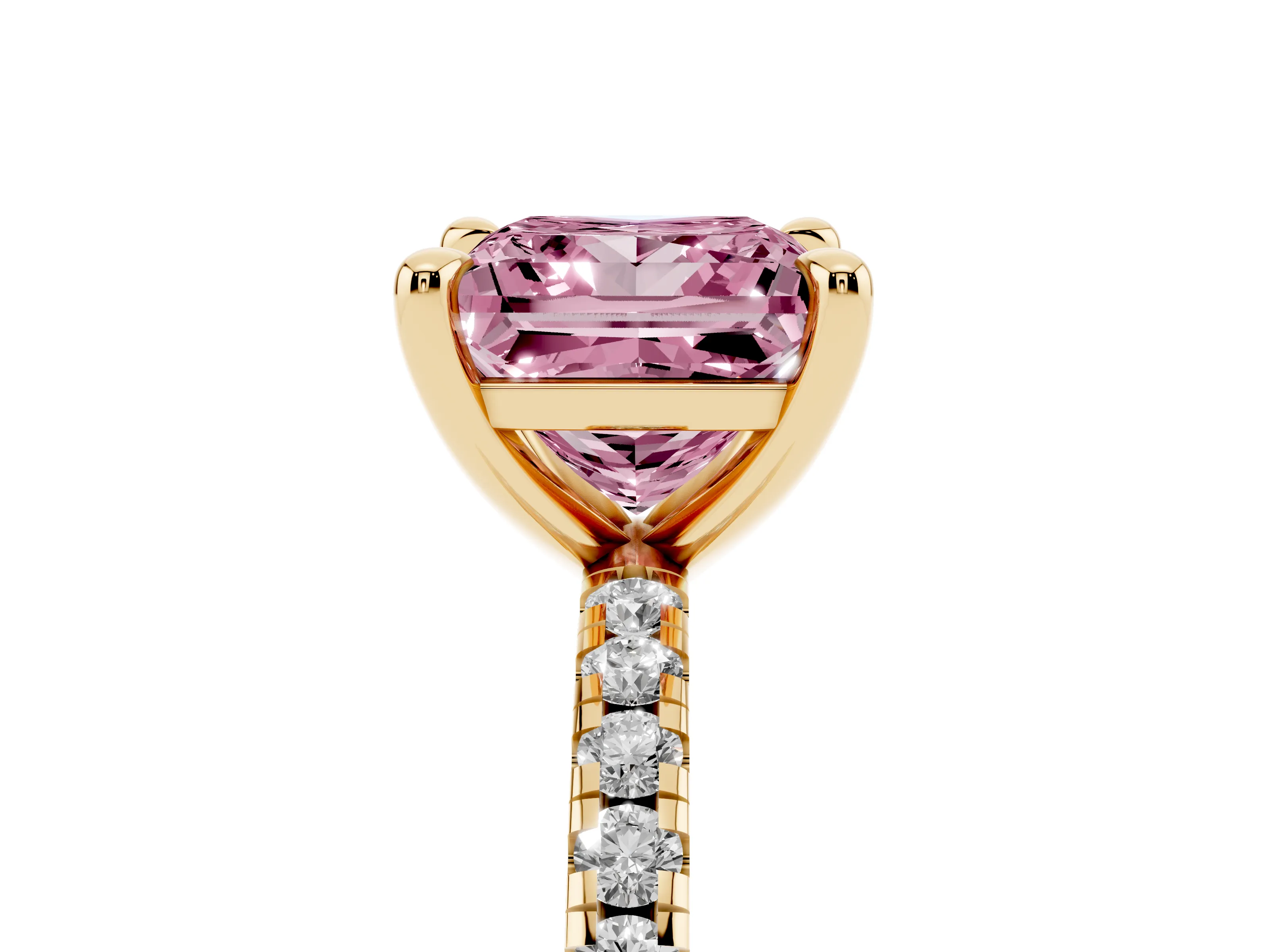 Fancy Pink Princess Cut Diamond Brilliant Solitaire Ring Set in Yellow gold with Pavé Band and Prong Setting