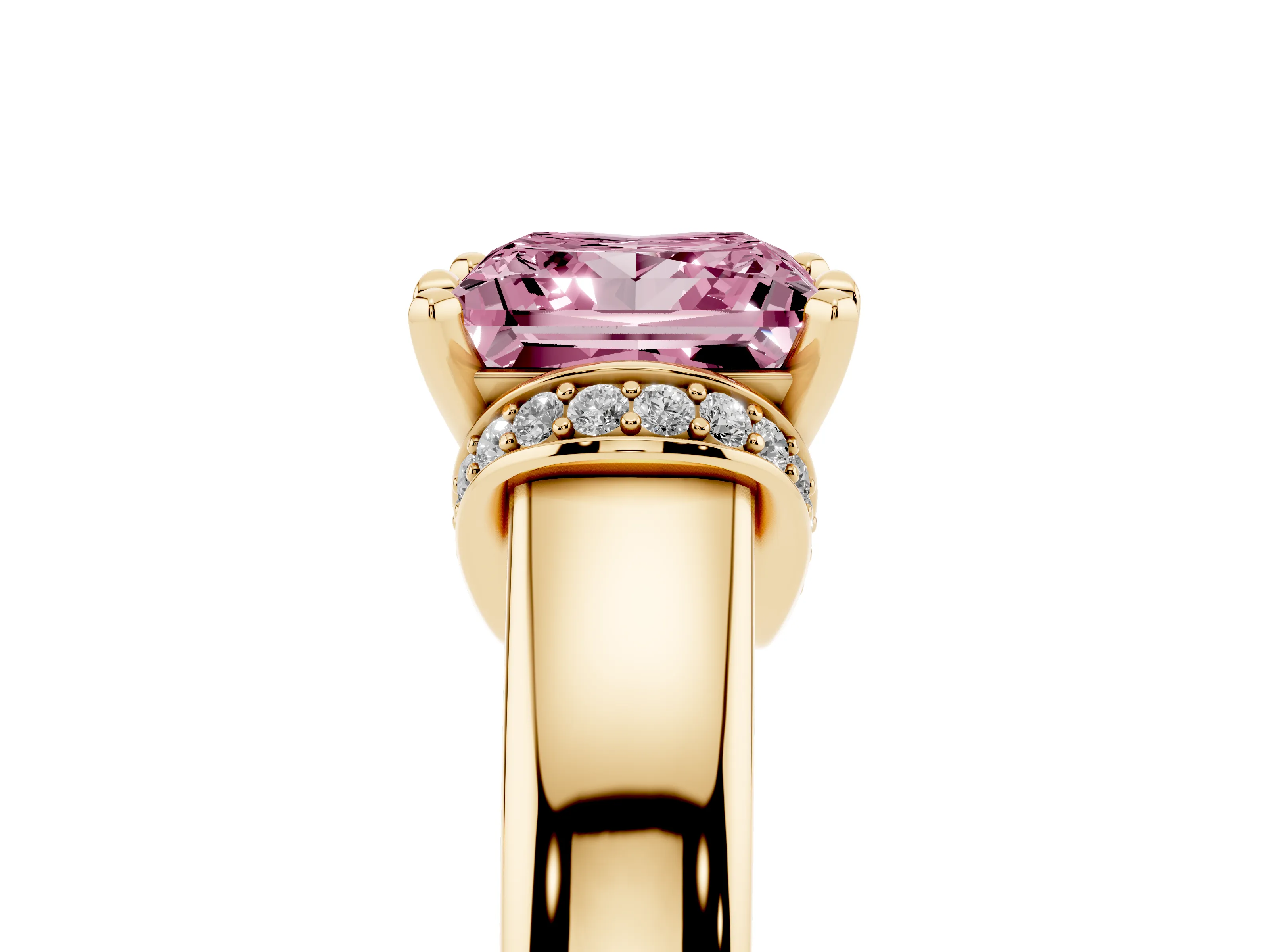 Fancy Pink Princess Cut Diamond Pavé Band Solitaire Ring Set in Yellow gold with Prong Setting