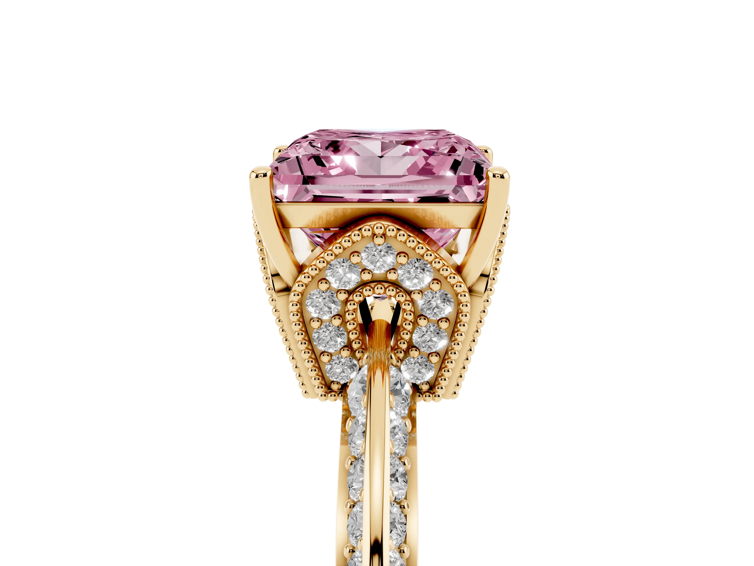 Fancy Pink Princess Cut Diamond Solitaire Engagement Ring Set in Yellow gold with Pavé Split Shank and Prong Setting