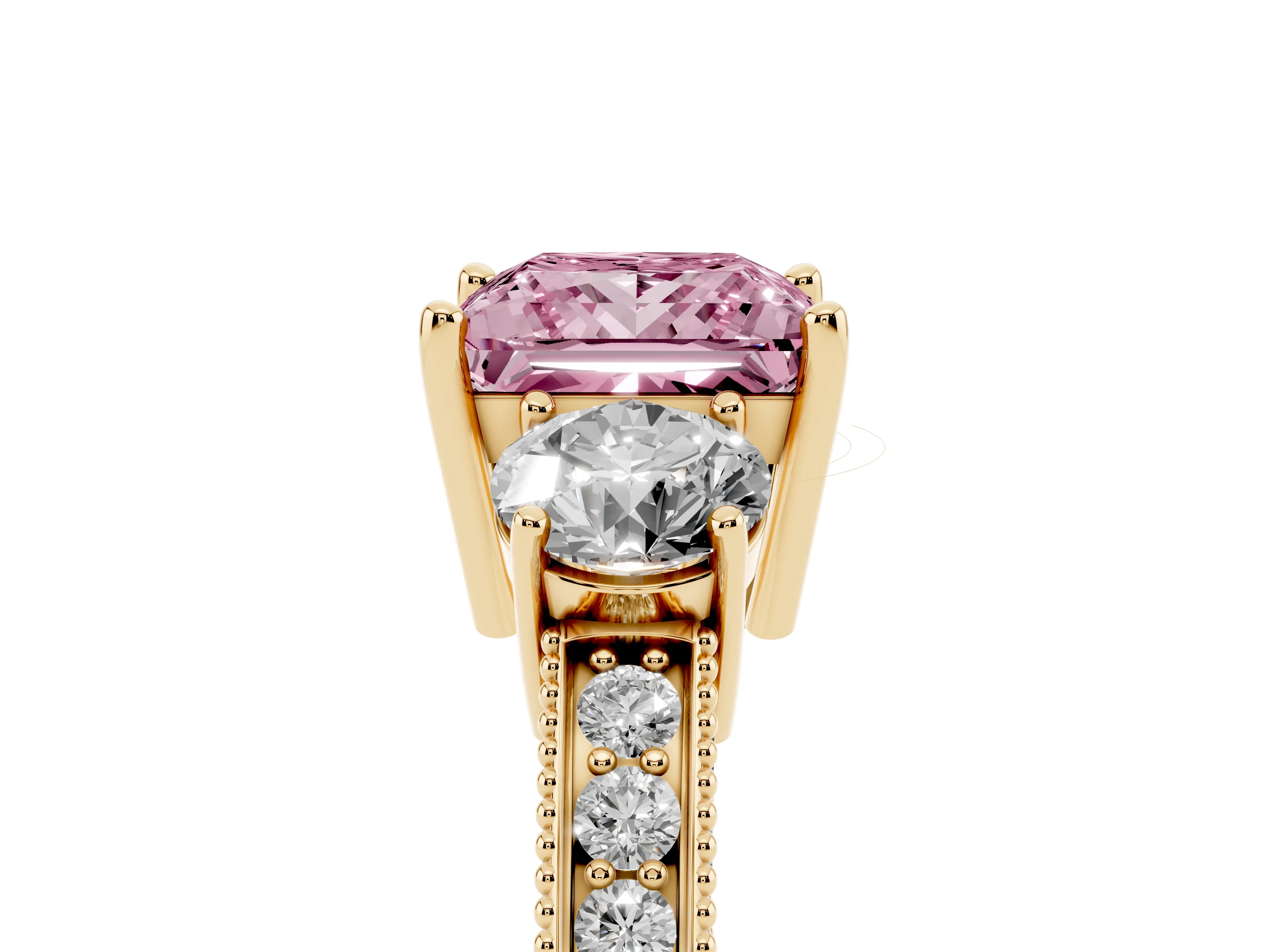 Fancy Pink Princess Cut Diamond Three-Stone Ring Set in Yellow gold with Round Side Stones and Pavé Band