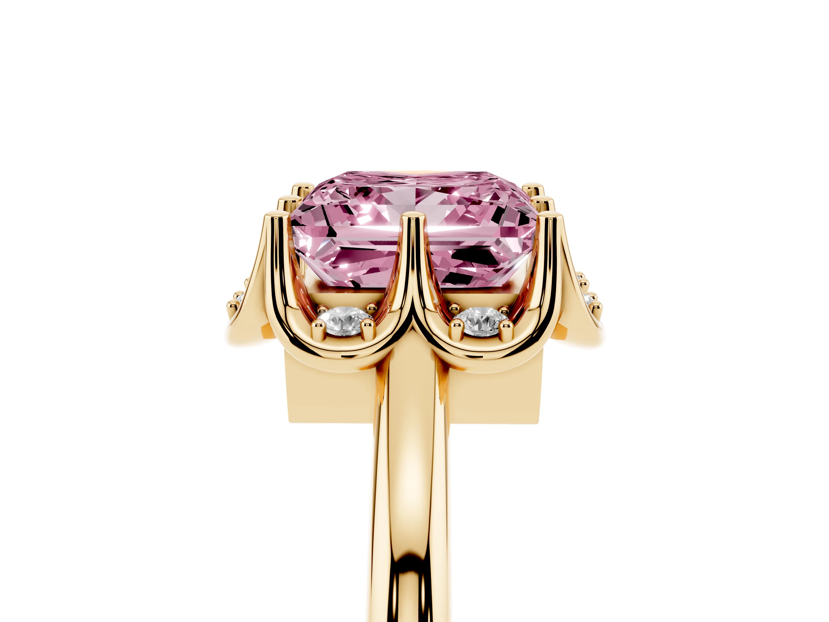 Fancy Pink Princess Cut Diamond Round Cluster Halo Ring Set in Yellow gold with Solitaire Band and Prong Setting