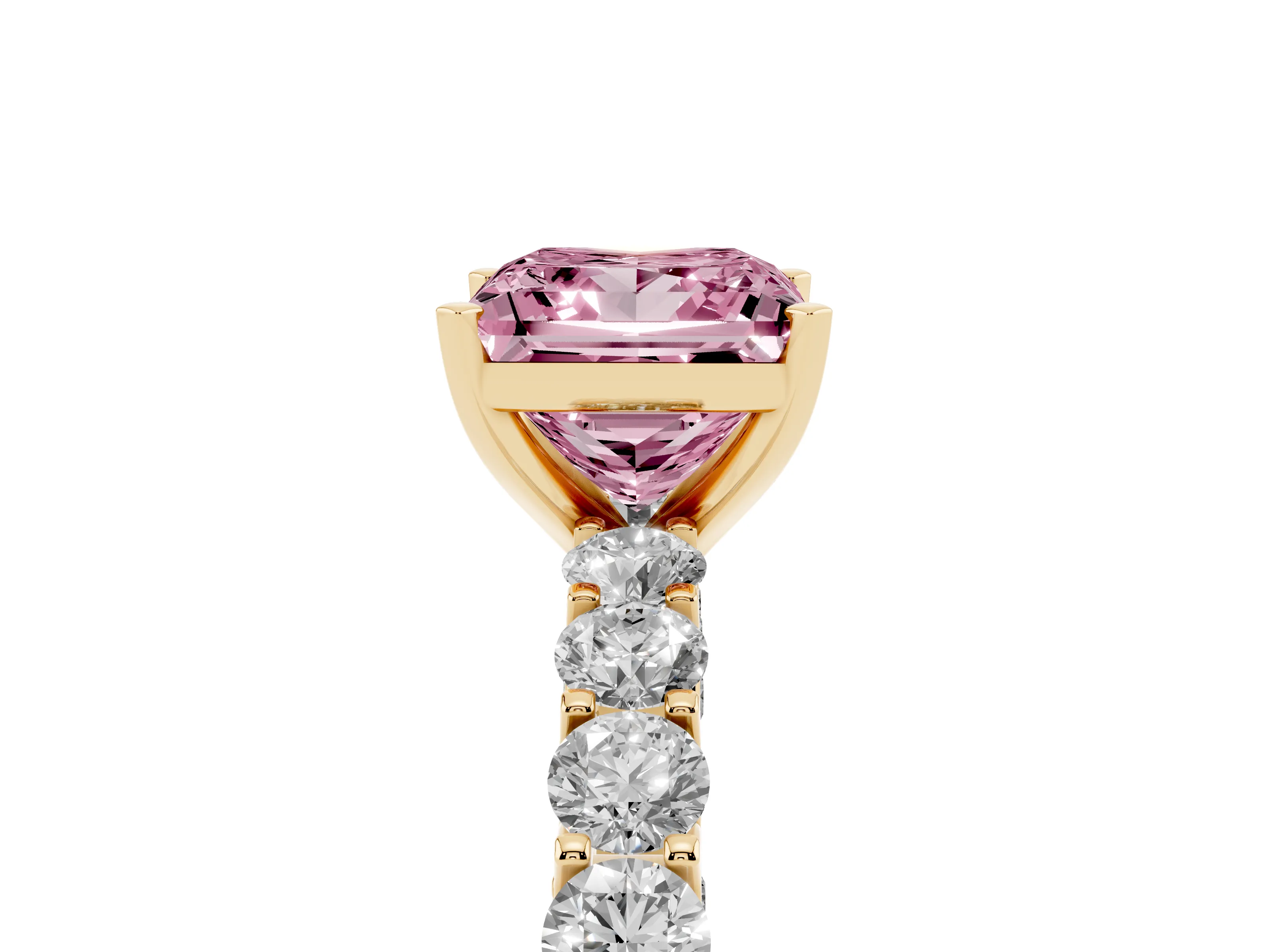 Fancy Pink Princess Cut Diamond Solitaire Ring Set in Yellow gold with Shared Prong Pavé Band