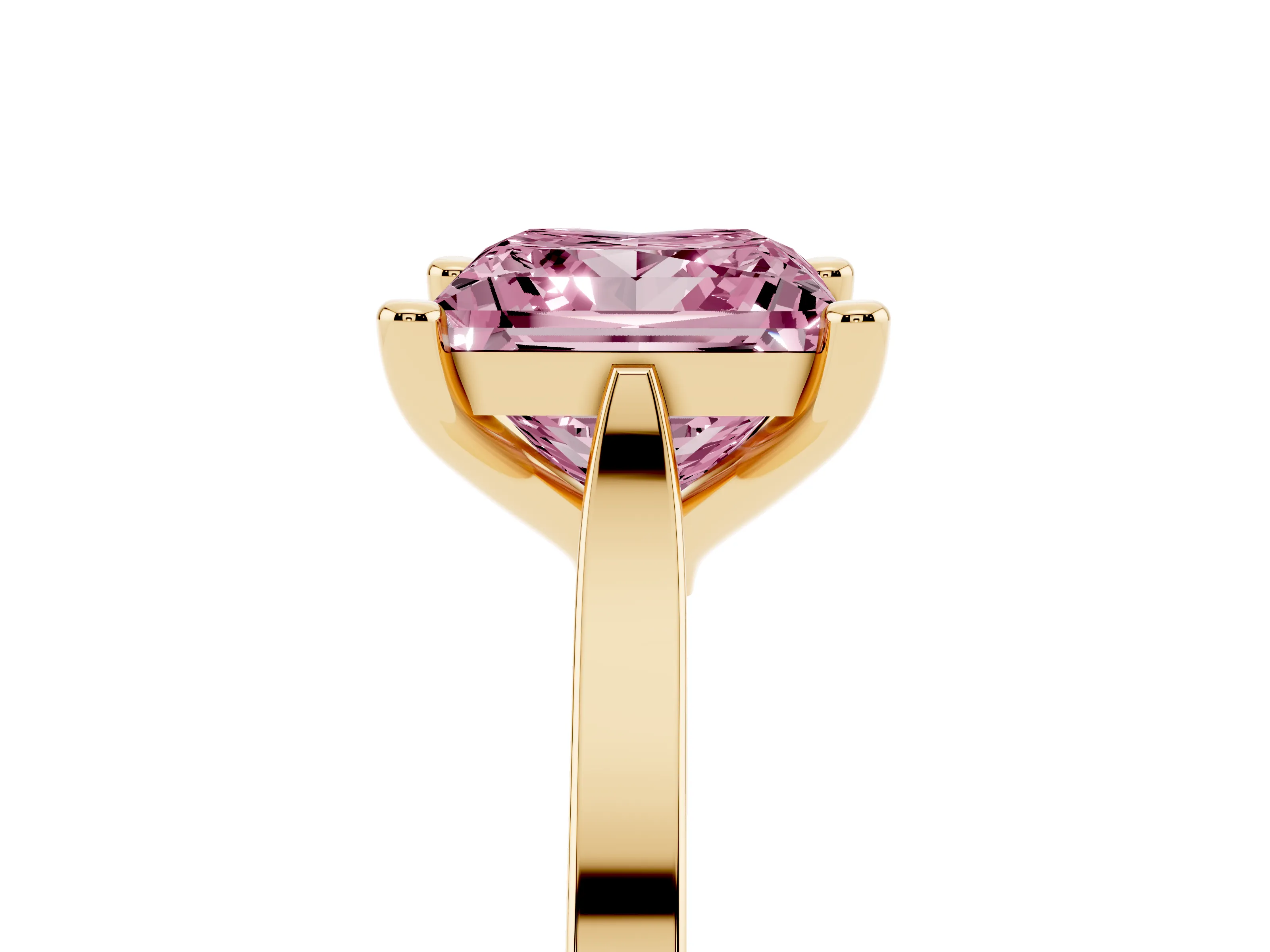 Fancy Pink Princess Cut Diamond Solitaire Ring Set in Yellow gold with Prong Setting and Tapered Band