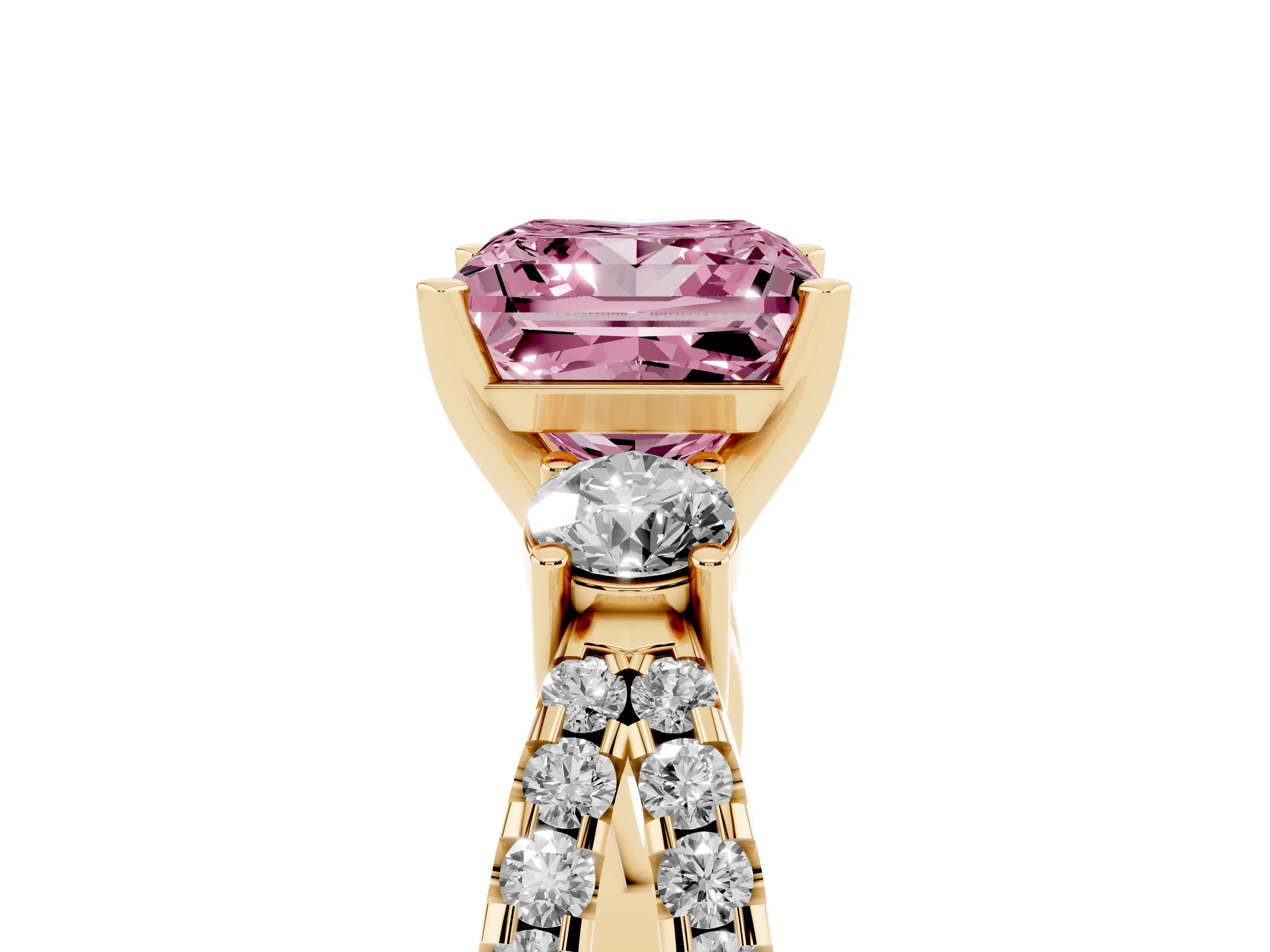 Fancy Pink Princess Cut Diamond Three-Stone Ring Set in Yellow gold with Pavé Split Shank and Prong Setting